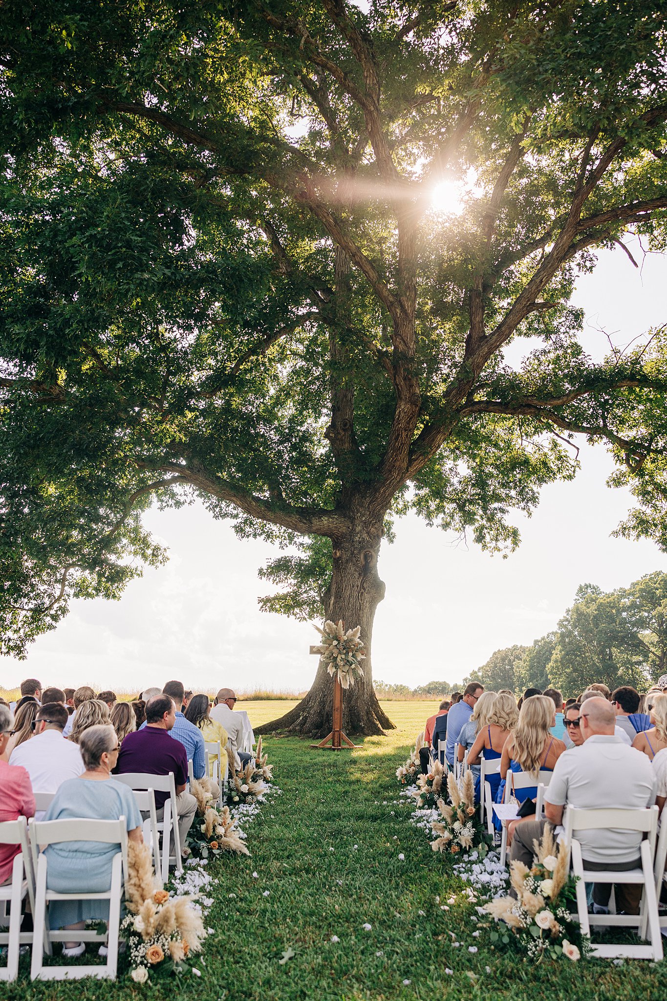 Details of wedding guests waiting for a Summerfield Farms wedding ceremony at sunset under a large oak tree