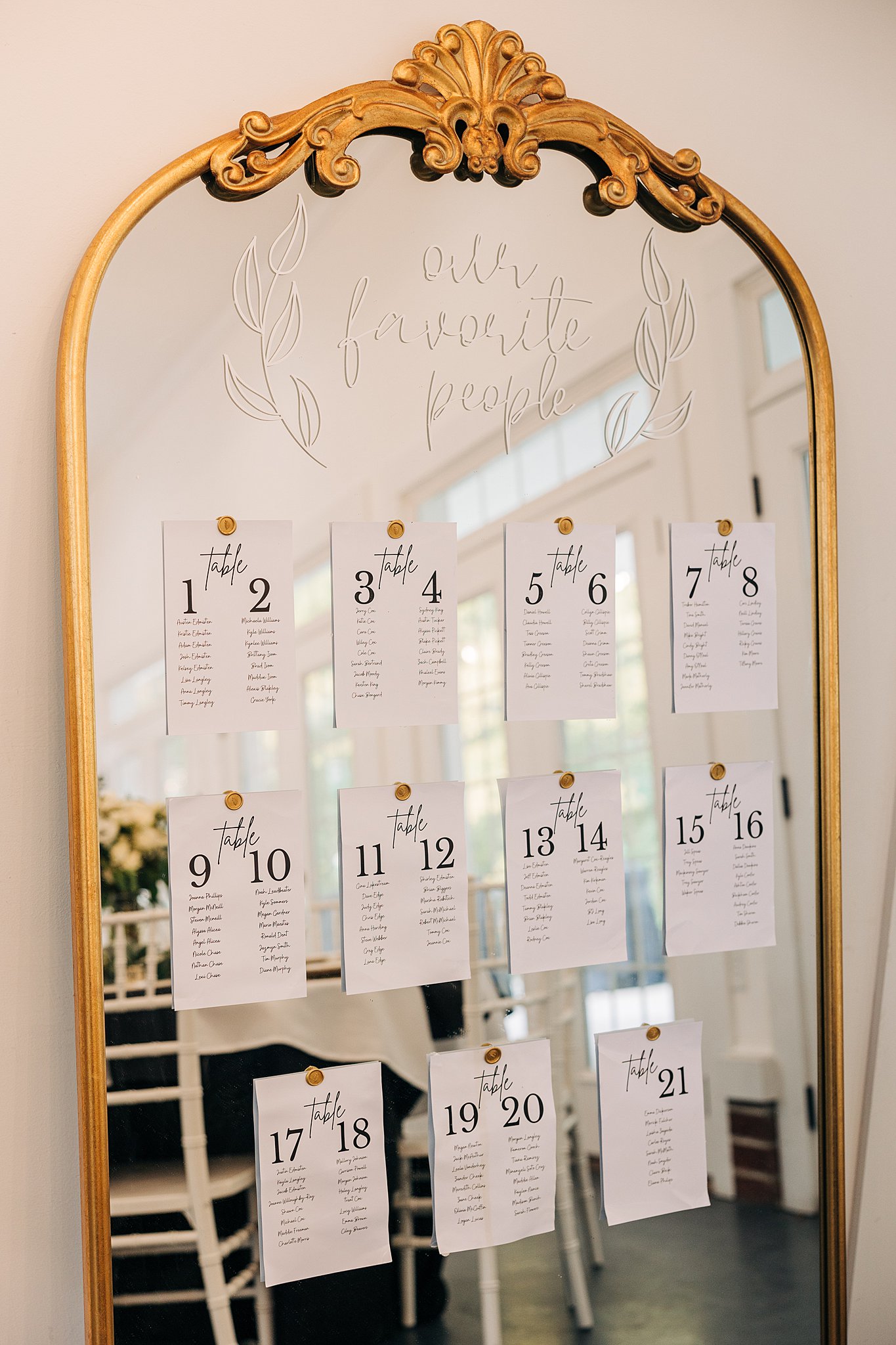 Details of a table assignment sign built onto a mirror