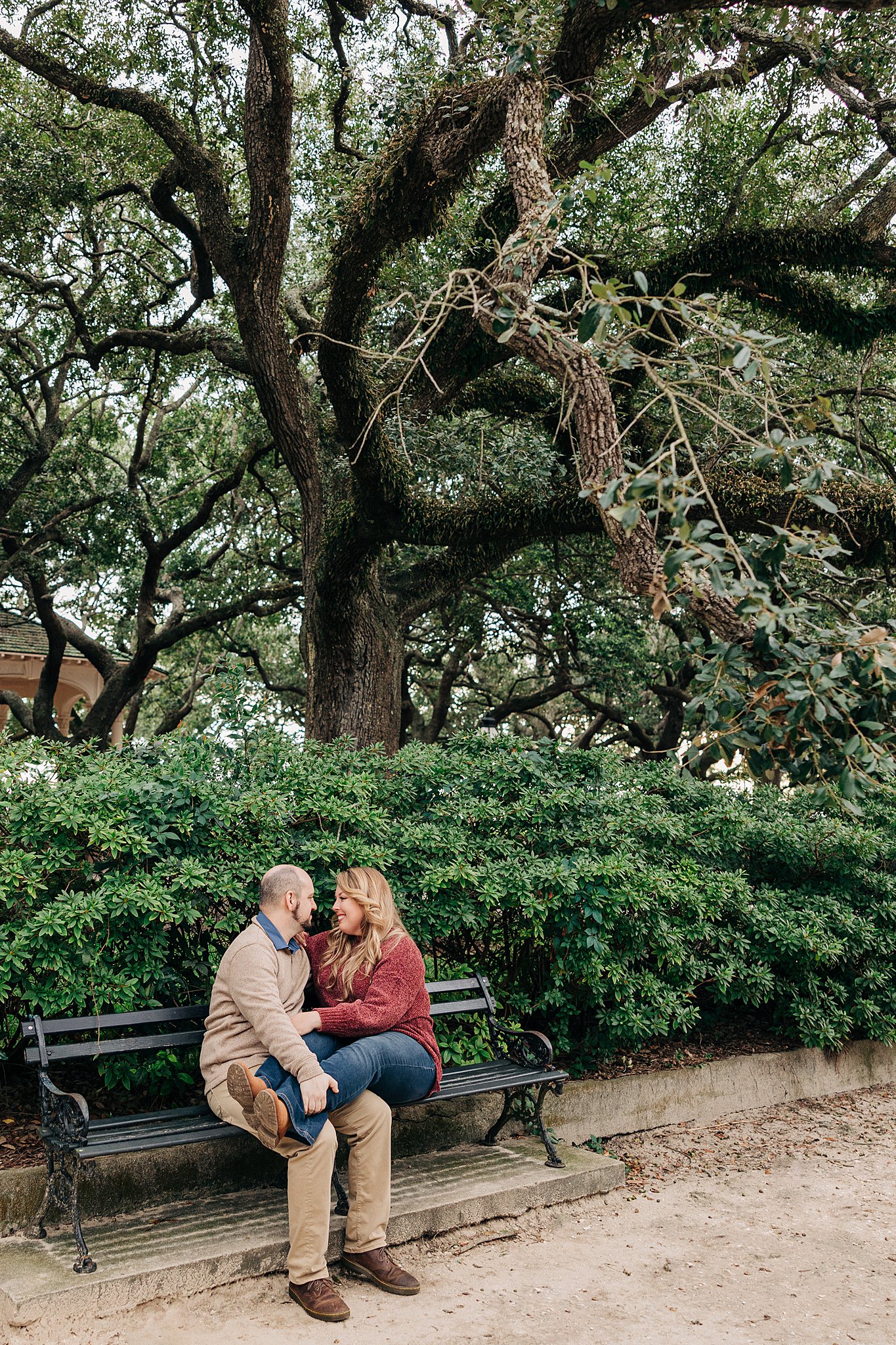 A newly engaged couple cuddle on a bench under an oak tree during their cypress gardens wedding engagement