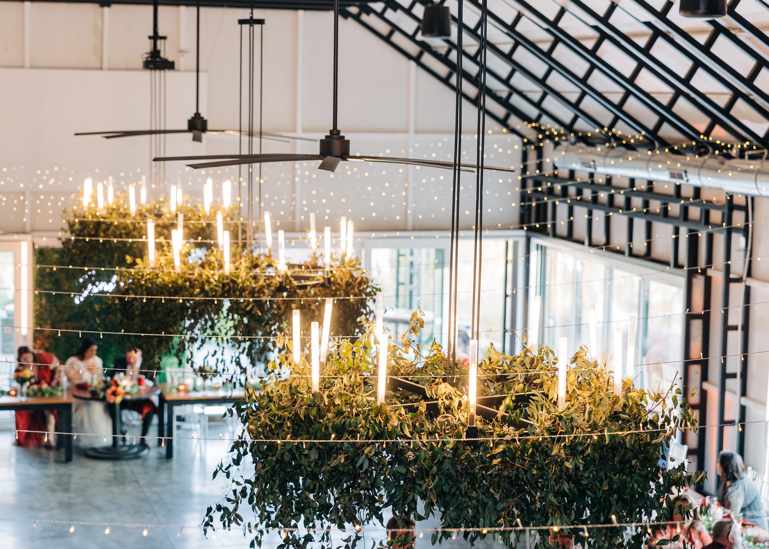 Details of the live chandeliers at splendor pond flower farm wedding venue