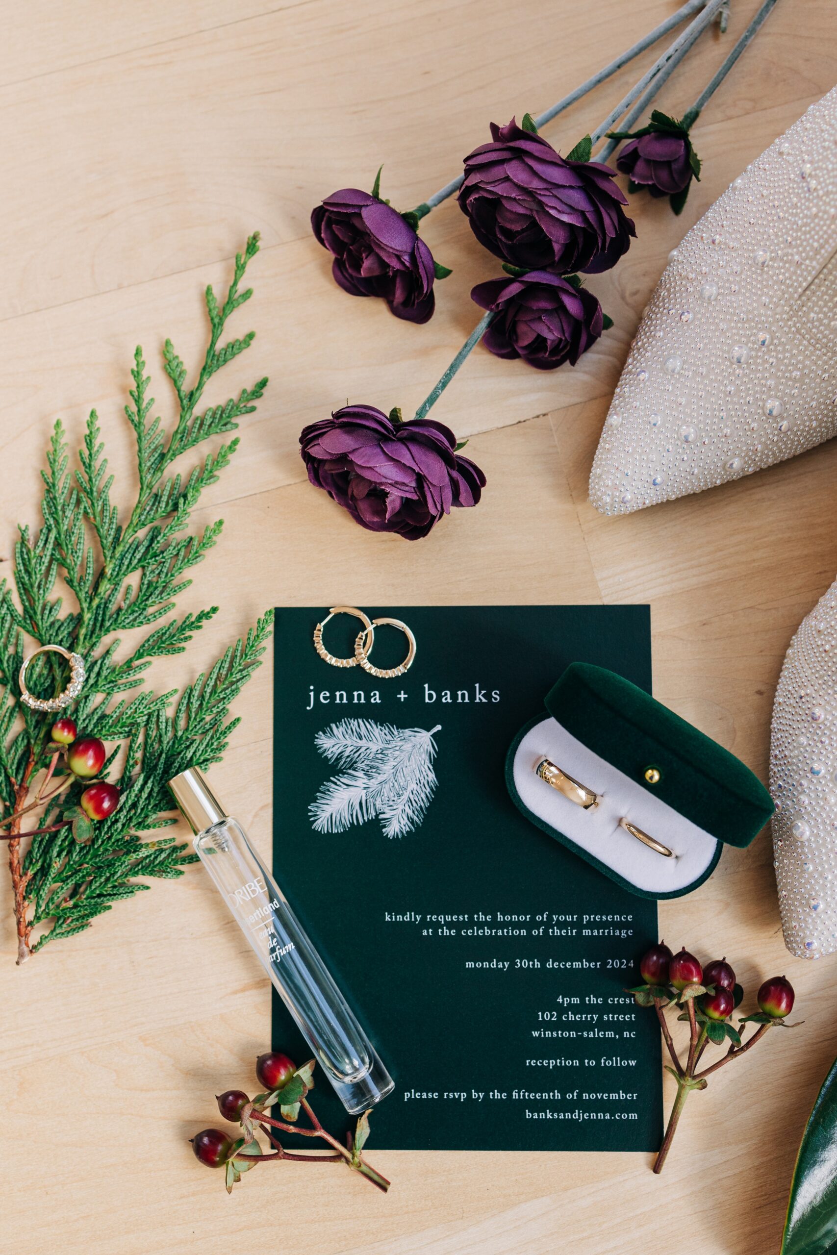 Bridal details on the floor with flowers and shoes