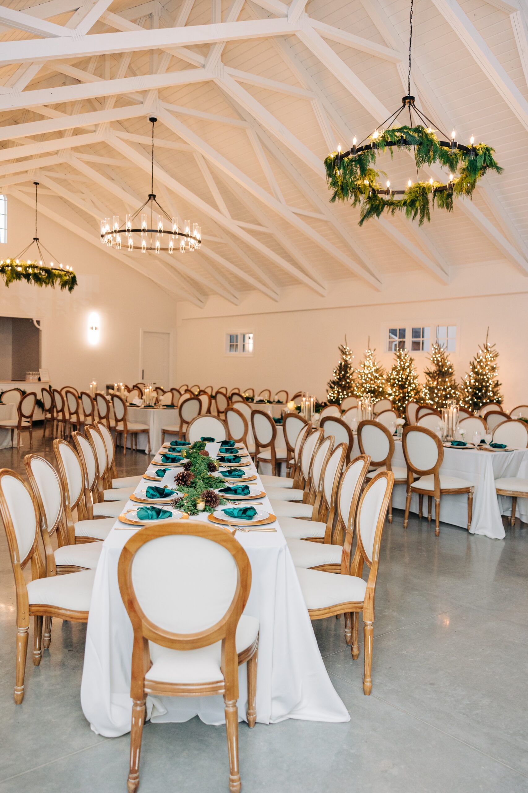 A view of a christmas themed wedding reception at the crest winston-salem