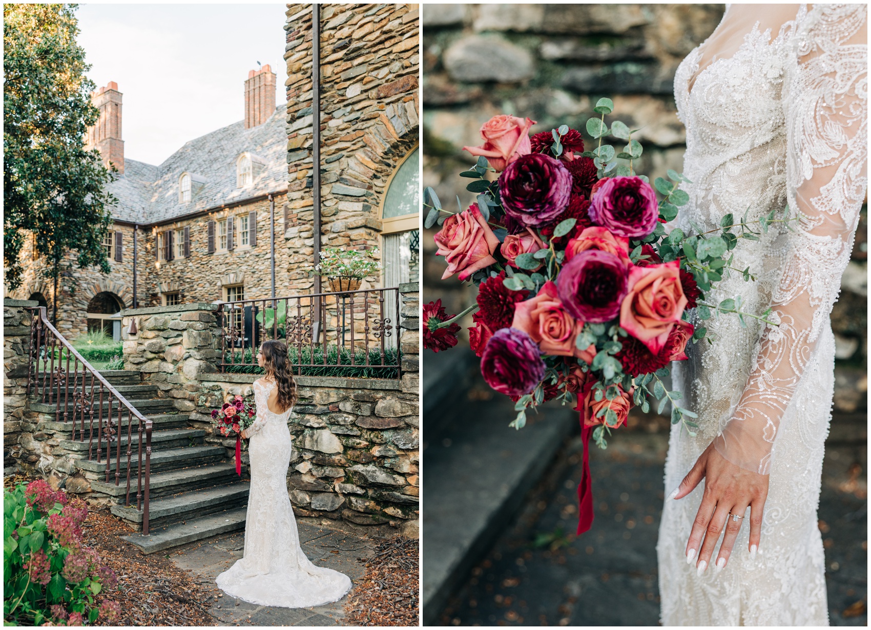 Details of a bride's ornate lace gown and dark red and pink bouquet