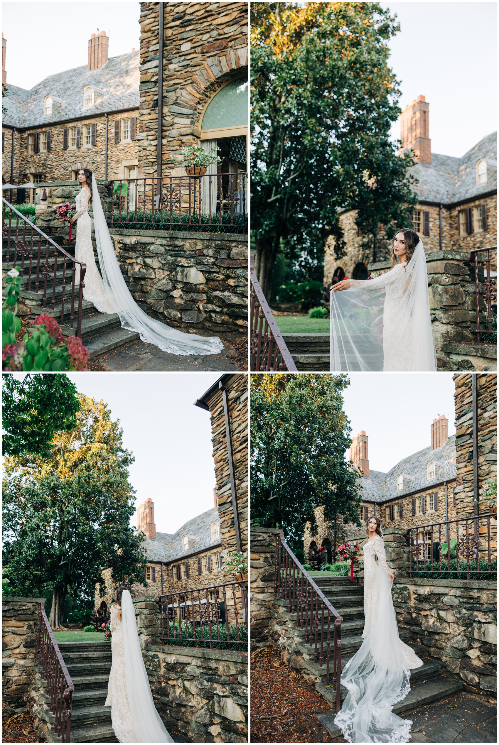 A bride walks up the garden stairs in her gown and train at one of the Winston Salem Wedding Venues