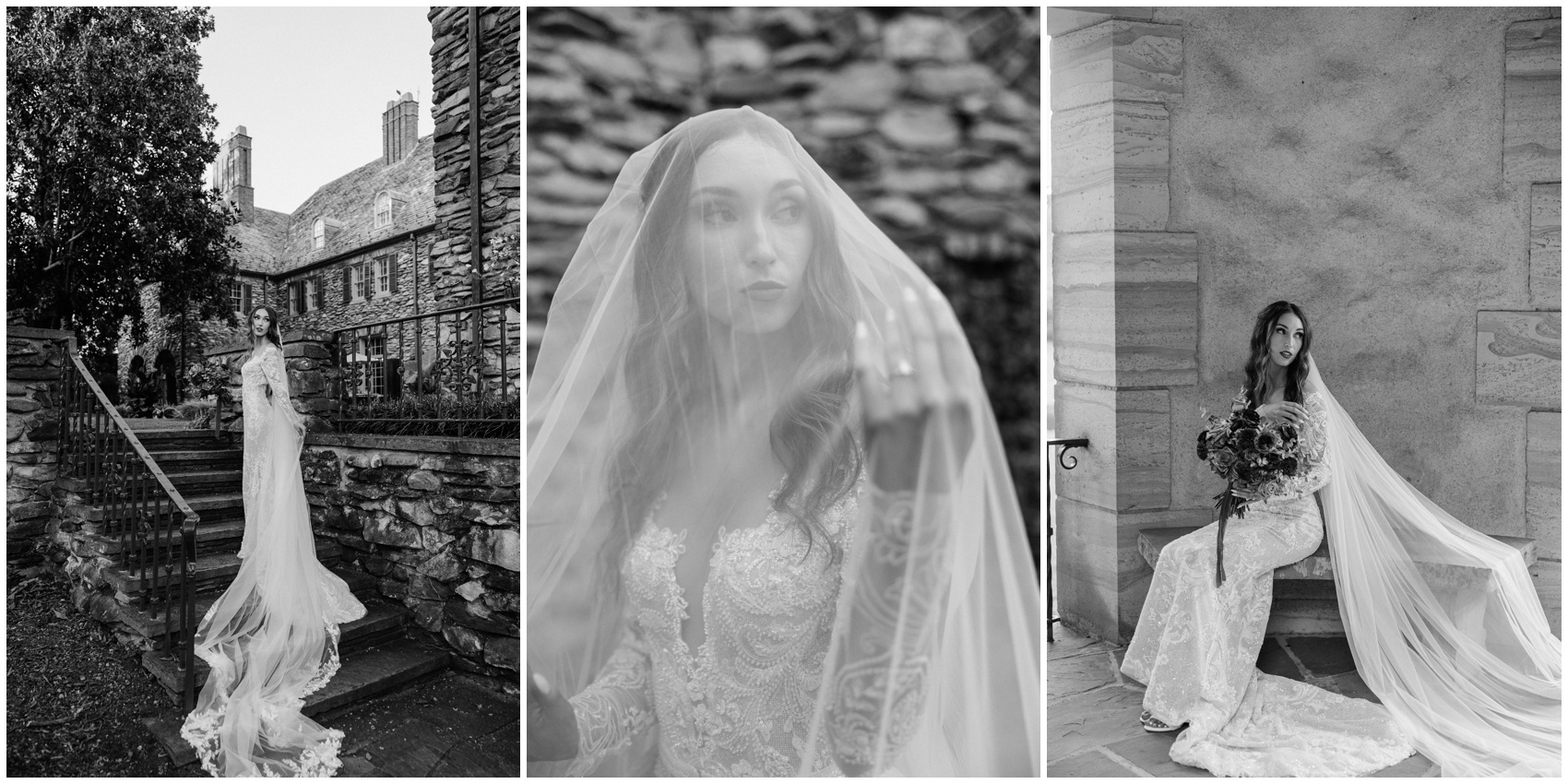 Black and white images of a bride around the grounds of The Graylyn Estate
