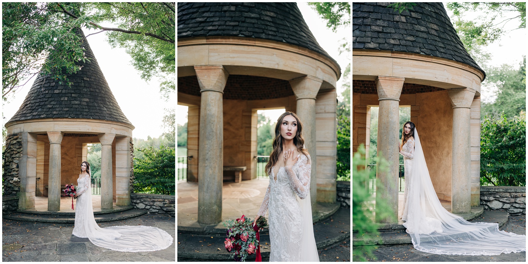 A collection of images of a bride around a gazebo at one of the beautiful Winston Salem Wedding Venues