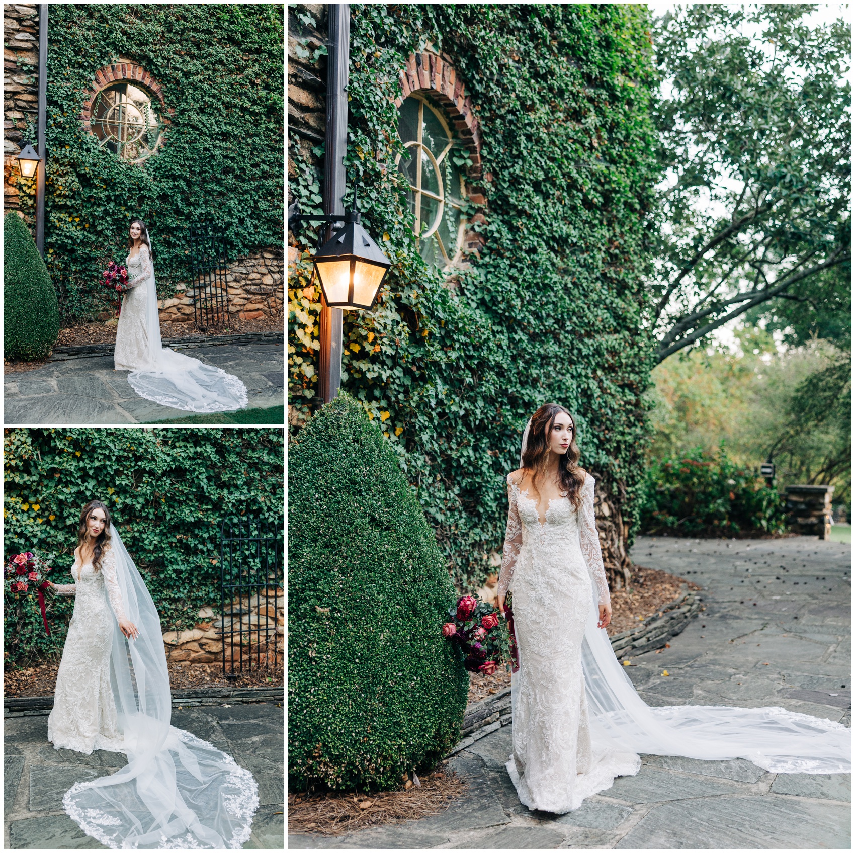 A smiling bride walks along an ivy covered wall holding her dark pink bouquet at one of the Winston Salem Wedding Venues