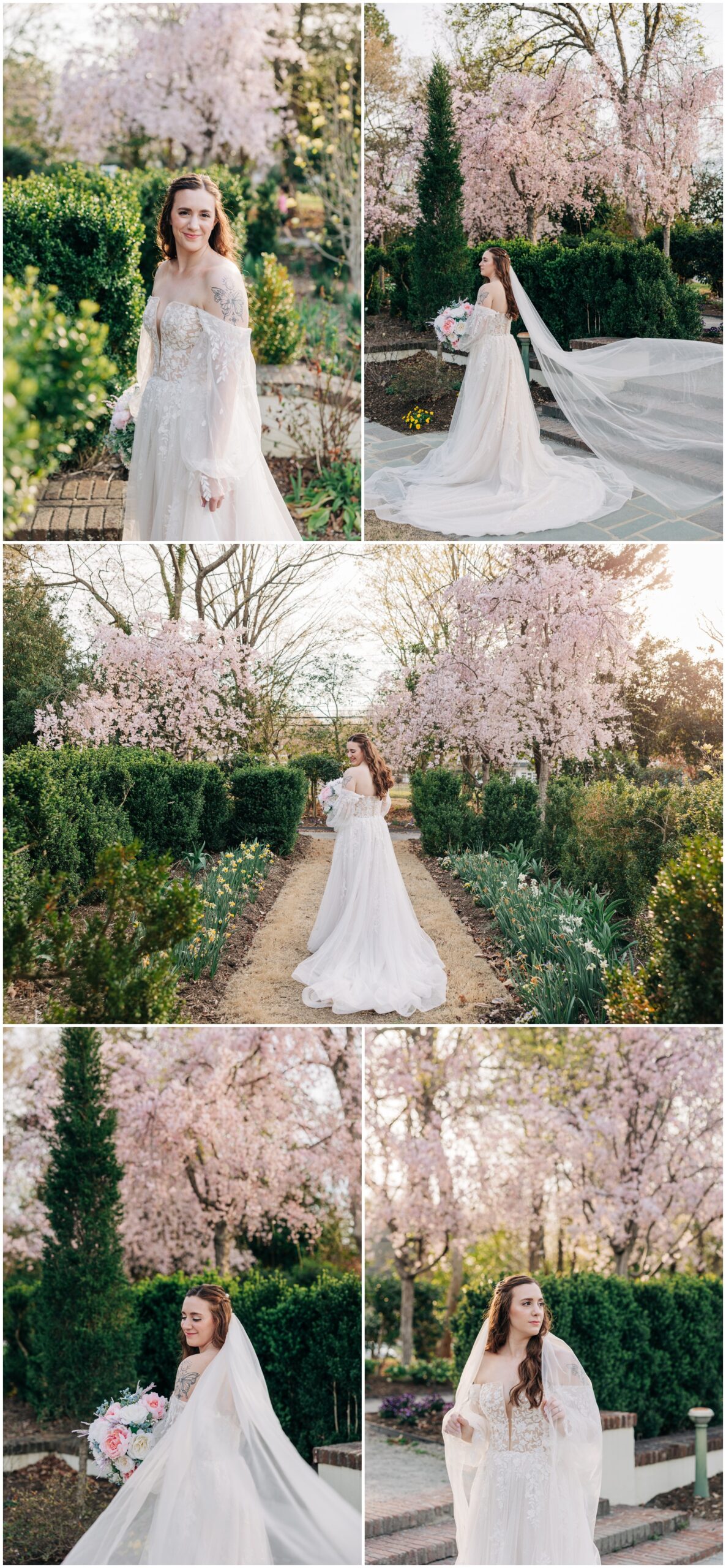 A collection of images of a bride wandering the Reynolda Gardens grounds in her gown with white and pink bouquet
