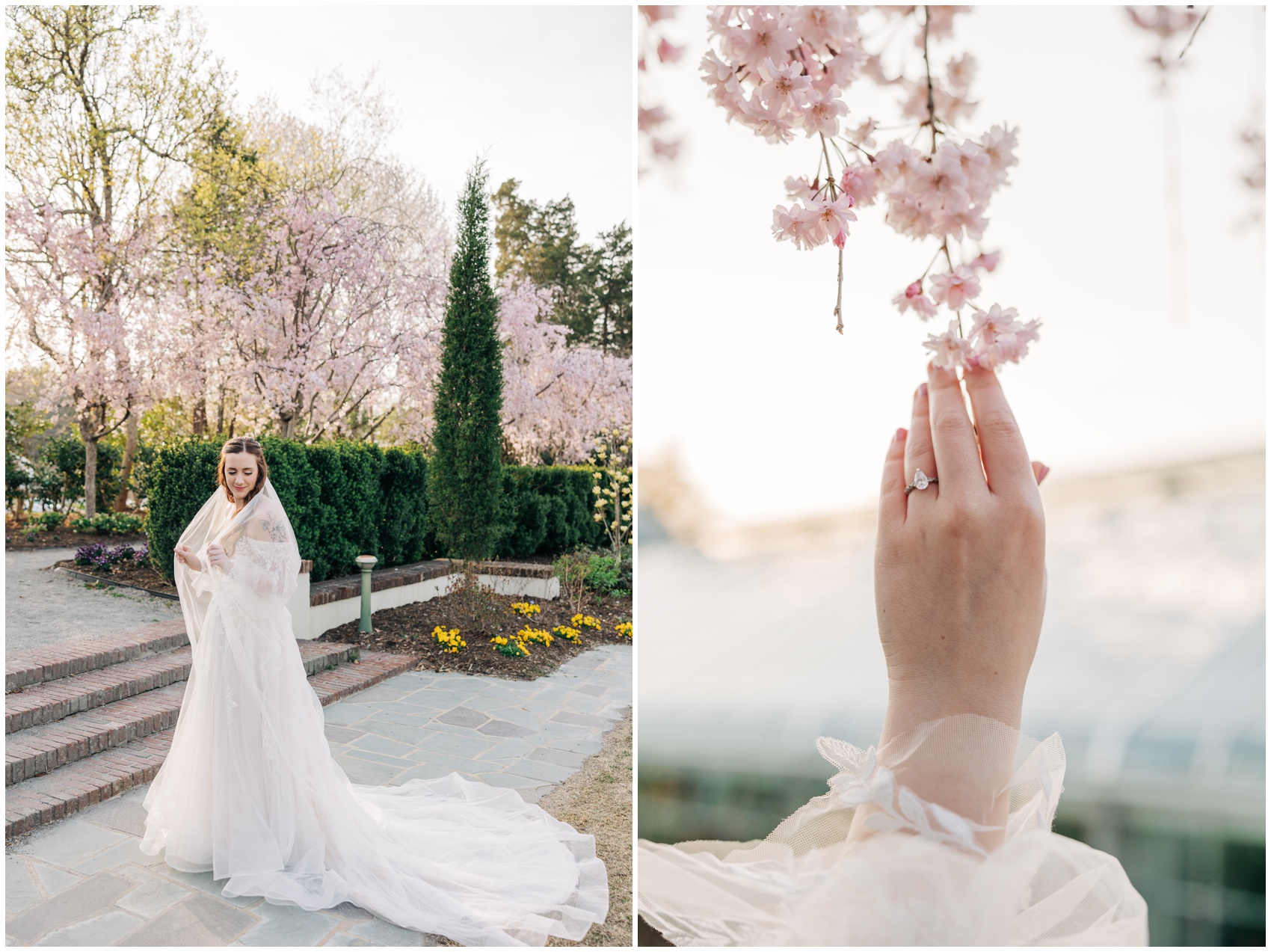 Details of a bride's hand reaching for cherry blossoms next to her smiling over her shoulder walking in the gardens
