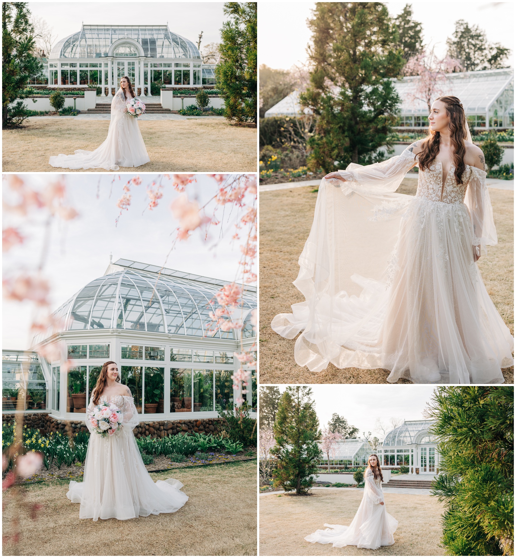 A bride smiles and dances in Reynolda Gardens during early spring