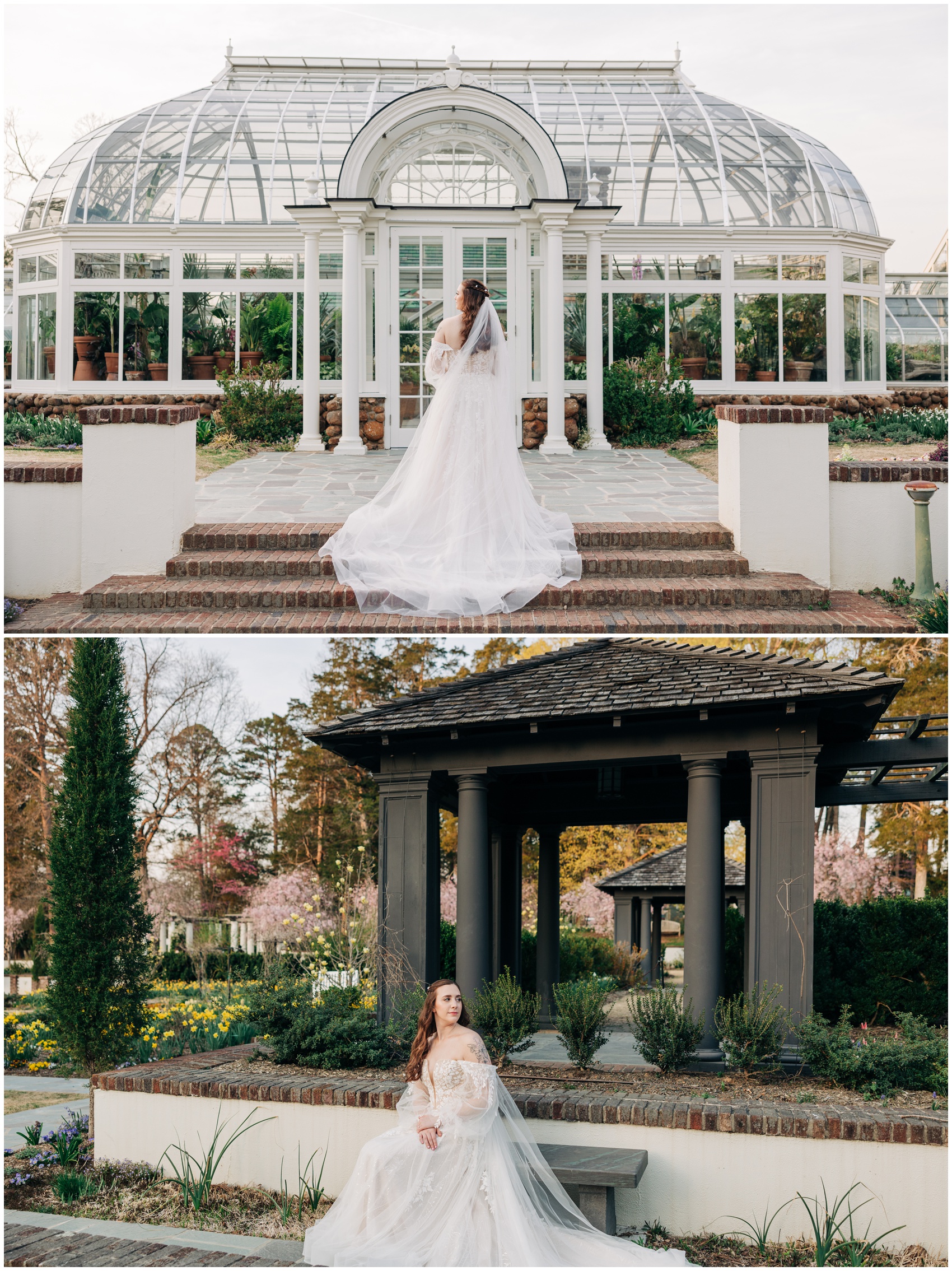 A bride explores the grounds while sitting on a bench and walking up to the greenhouse at one of the Winston Salem Wedding Venues