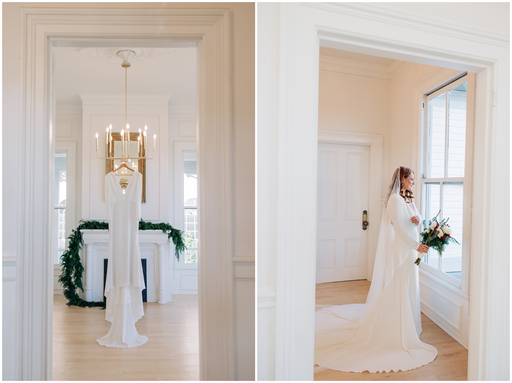 A bride smiles out a window in her gown next to the gown hanging from a chandelier