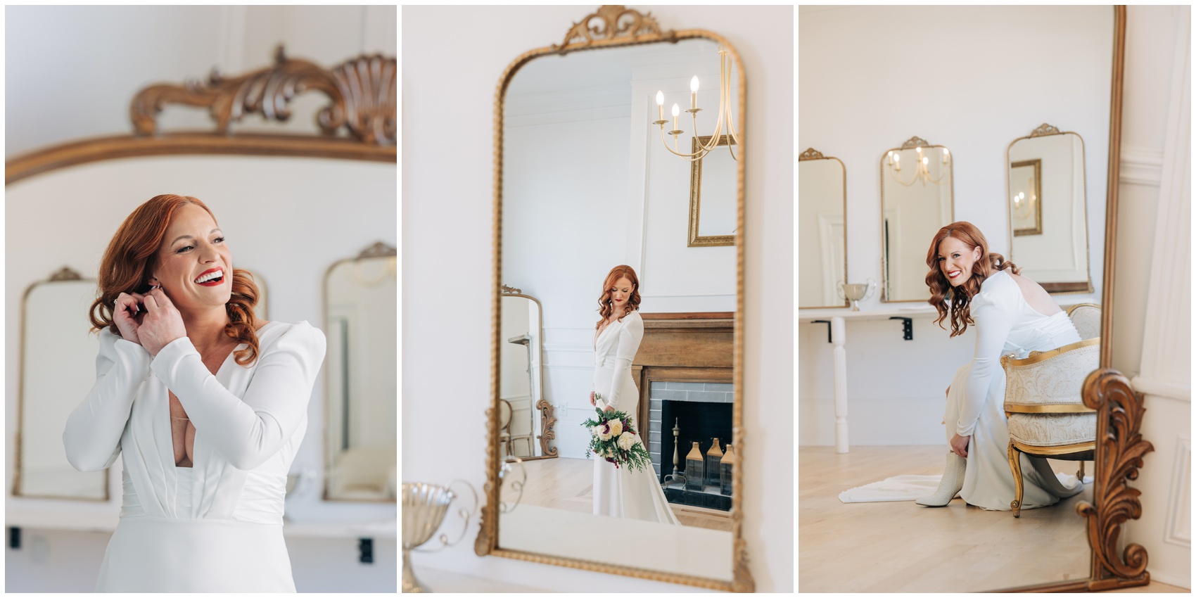 A happy bride laughs while getting ready and admiring herself in a mirror