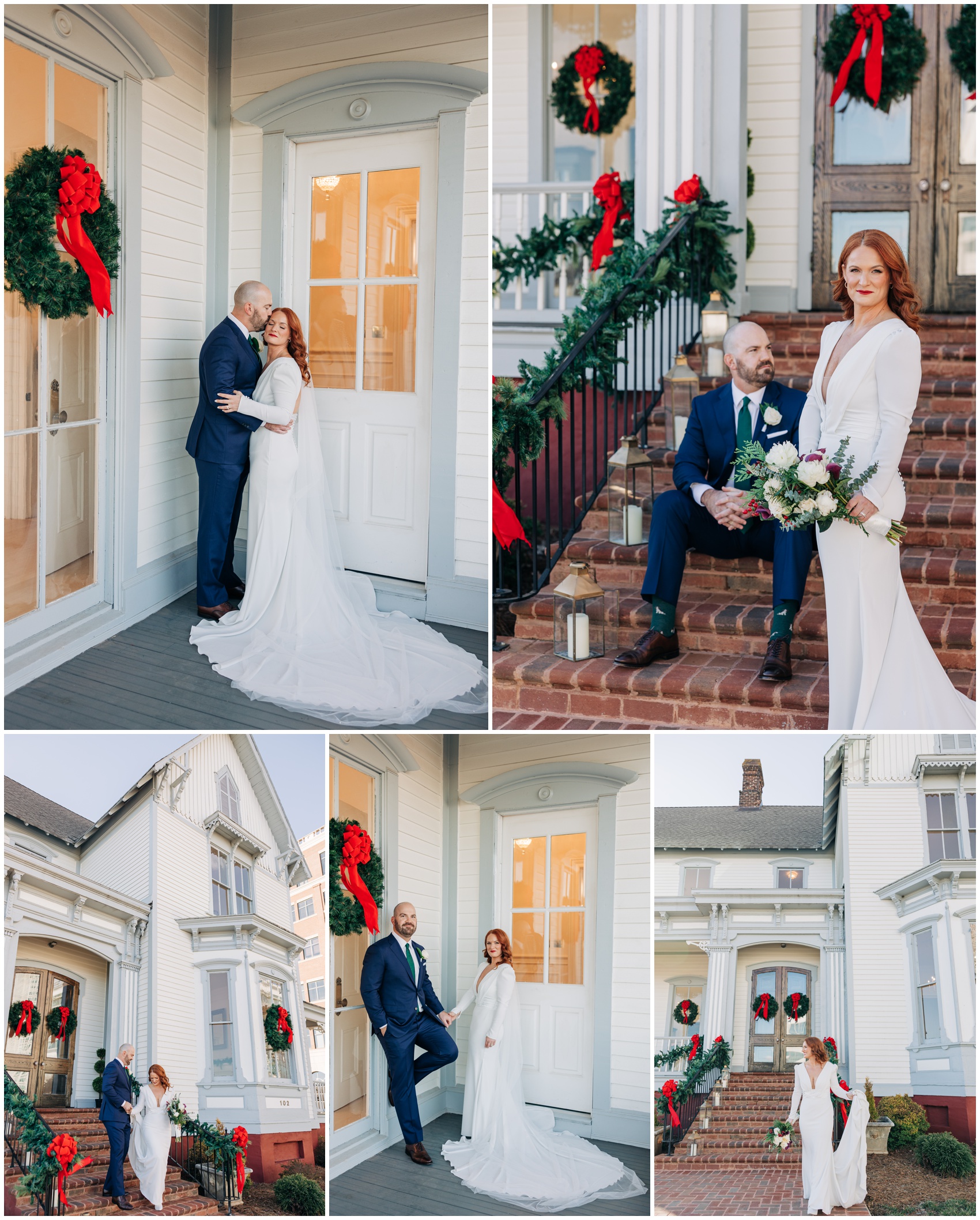 A collection of images from a bride and groom walking and snuggling and holding hands around The Crest one of the Winston Salem Wedding Venues