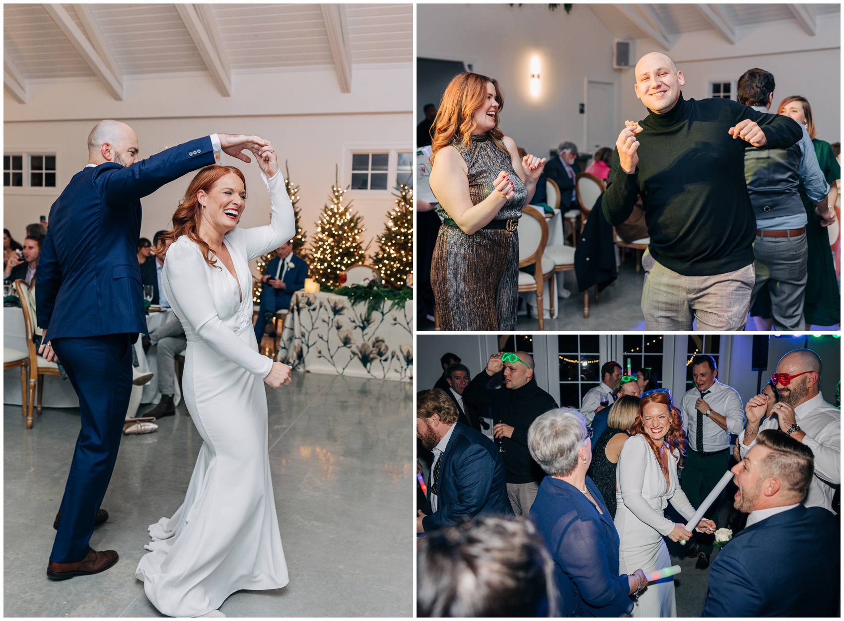 Three images of a bride and groom dancing and laughing during their indoor reception with guests