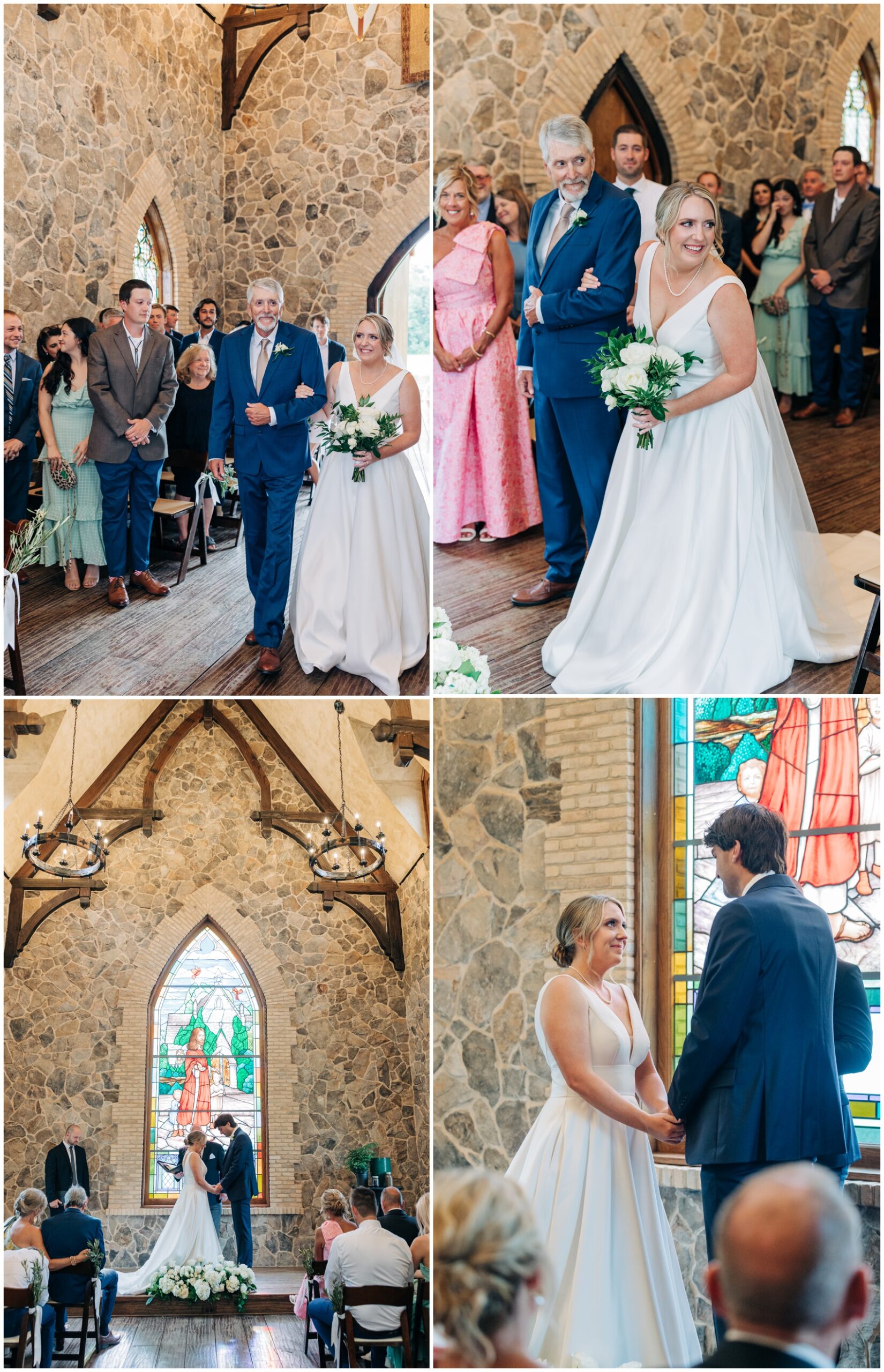 A collage of images from a beautiful wedding ceremony in a stone chapel with a happy bride