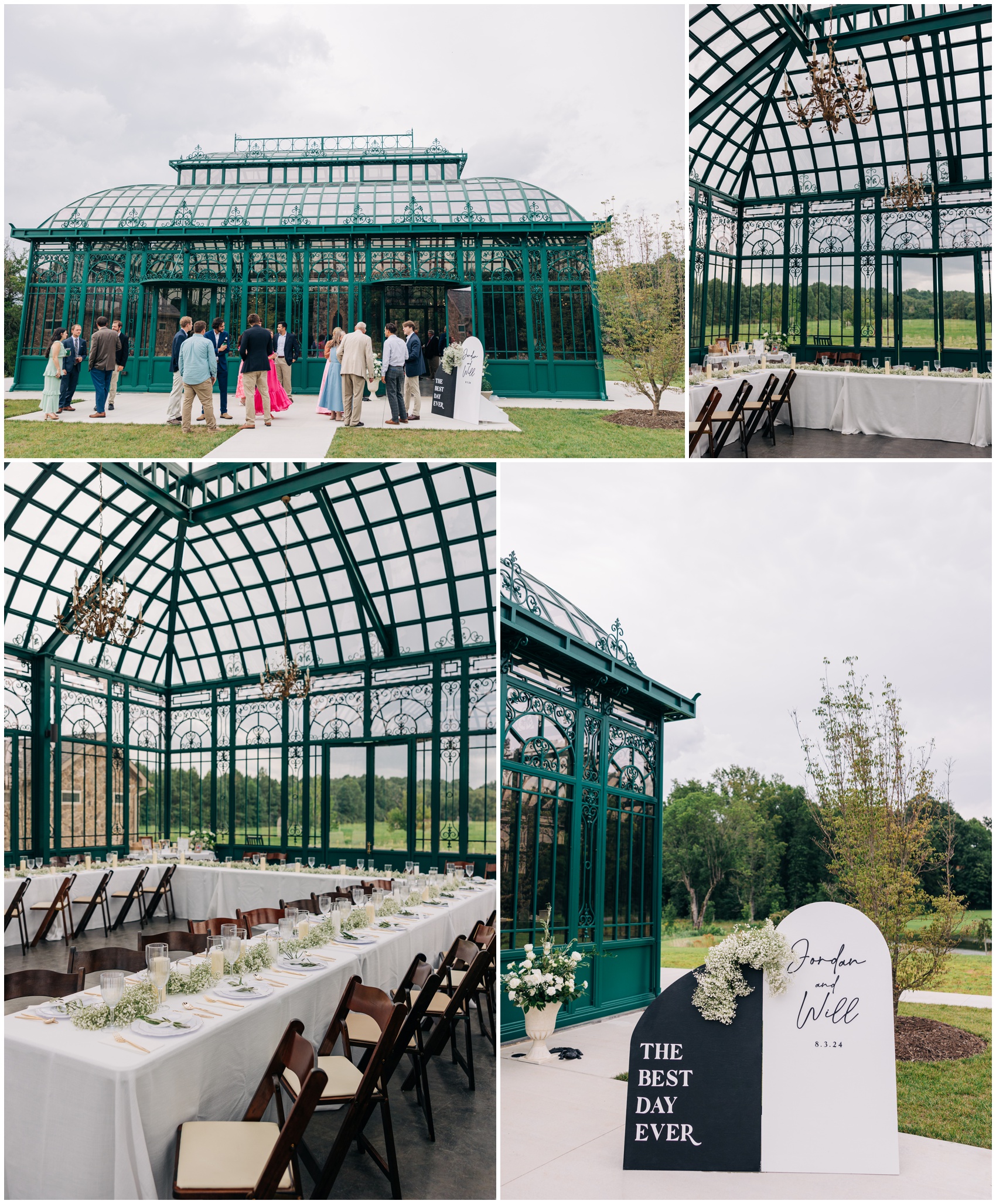 A collection of images around a garden greenhouse wedding reception