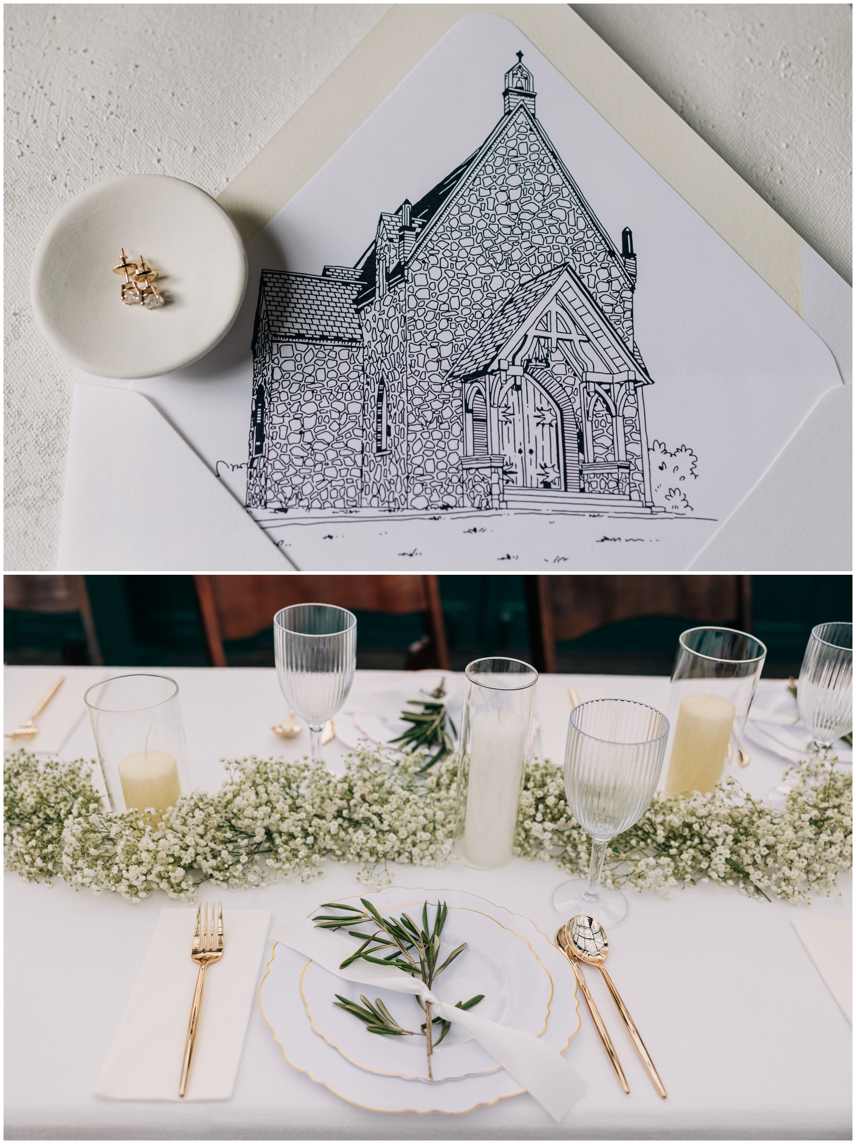Details of an invitation and wedding reception table setting with gold silverware and a rosemary sprig