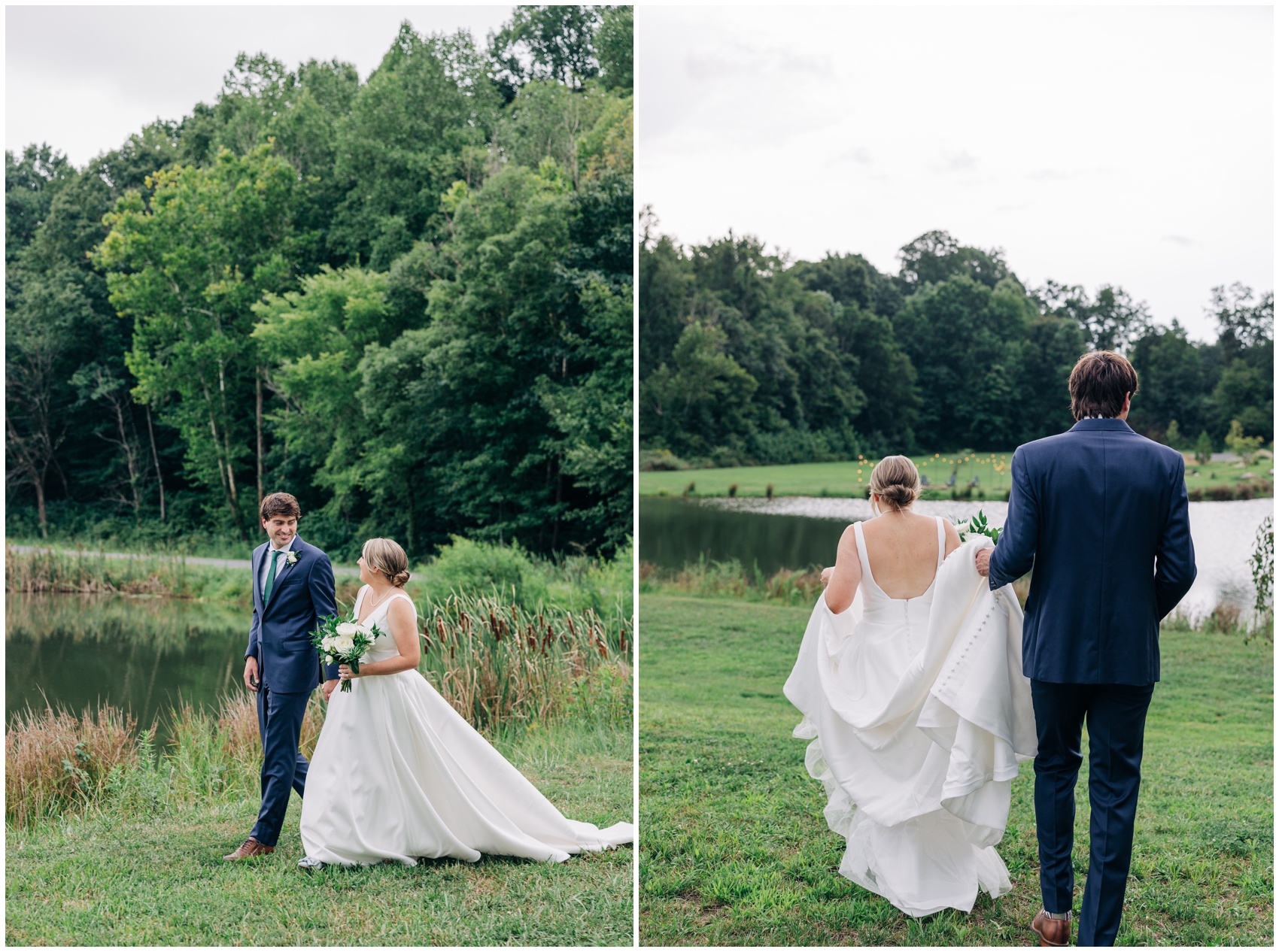 Newlyweds hold hands while walking around the pond at sunset at one of the Winston Salem Wedding Venues
