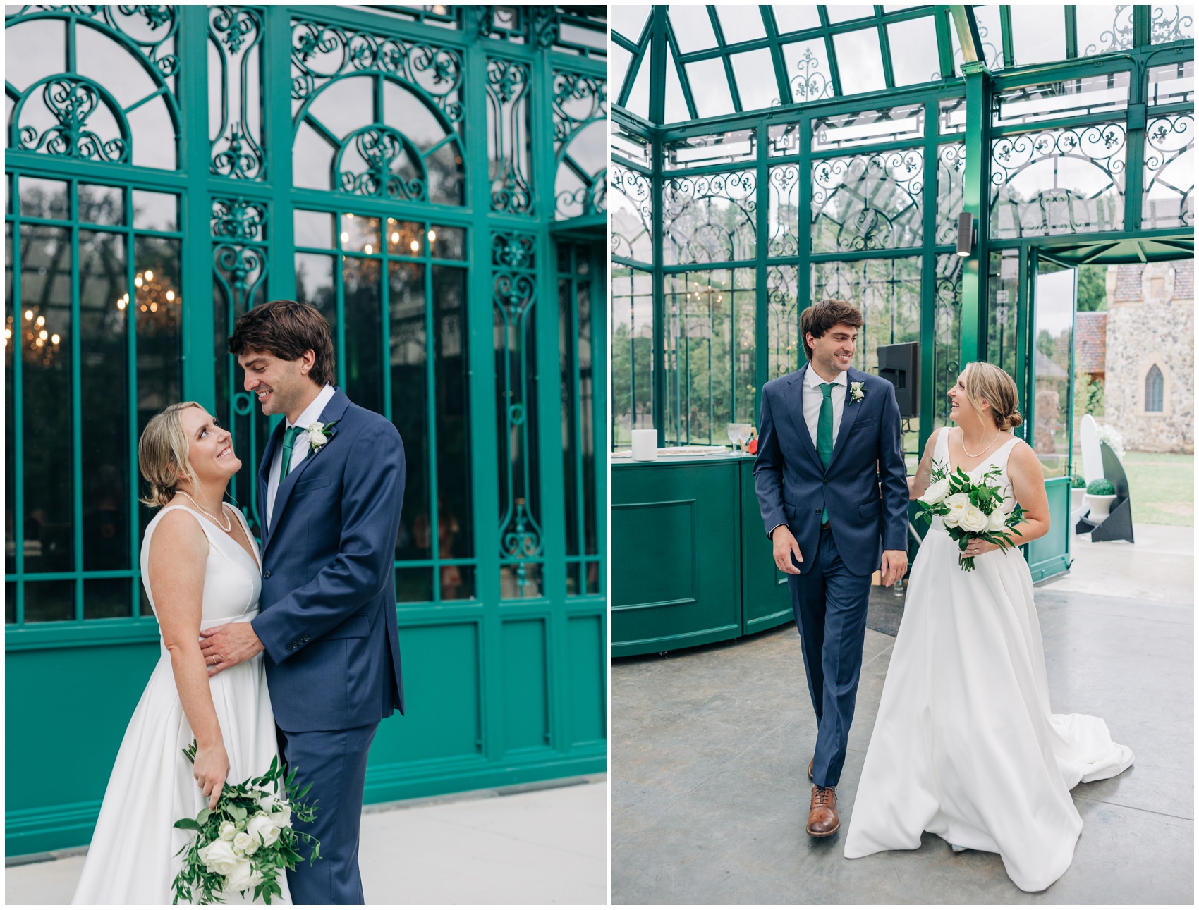 A bride and groom smile and snuggle while exploring the ornate Winston Salem Wedding Venues the little chapel