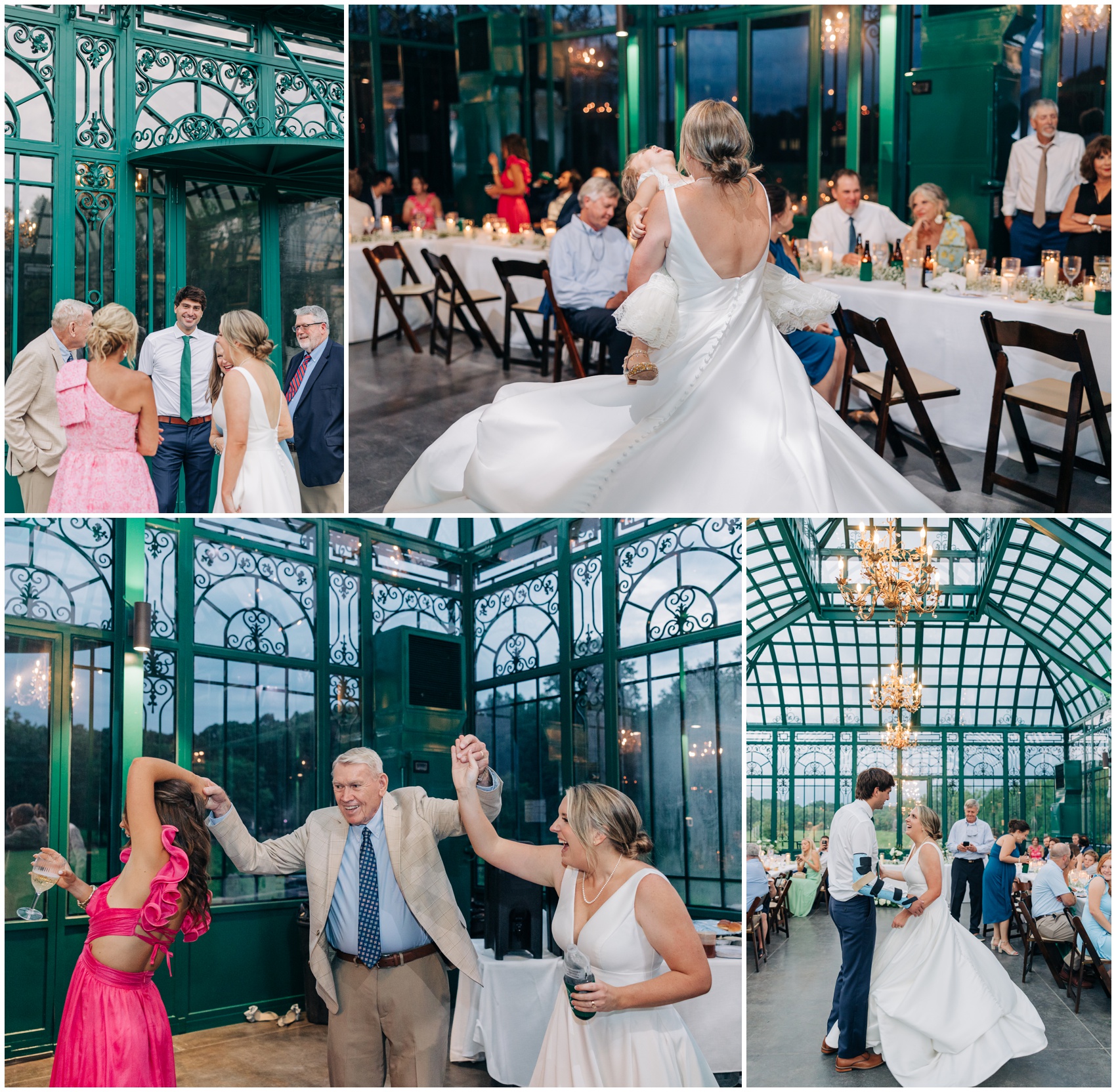 A collage of images from a wedding reception in The Little Chapel greenhouse with dancing and laughing