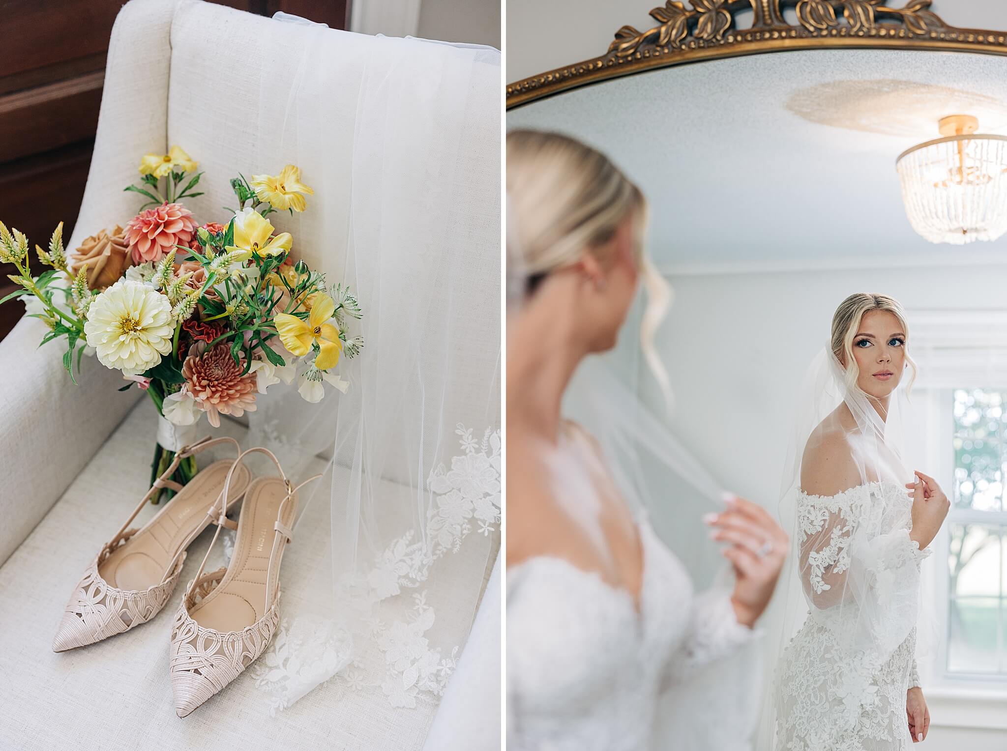 Bridal details on a white chair next to the bride admiring her veil and gown in a mirror before her Hayfield at Murchison Farms wedding