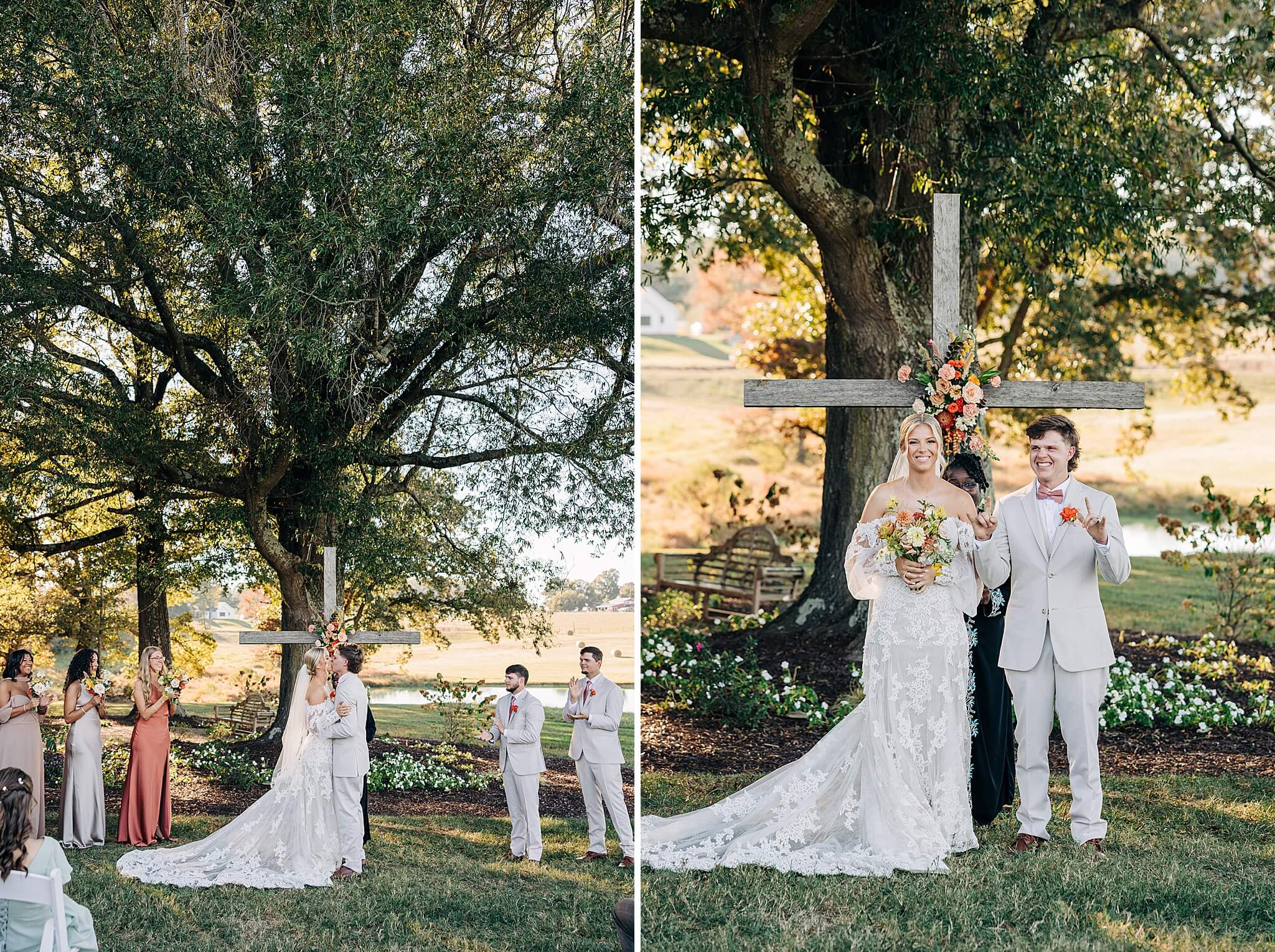 A bride and groom kiss and celebrate to end their outdoor wedding reception at Hayfield at Murchison Farms