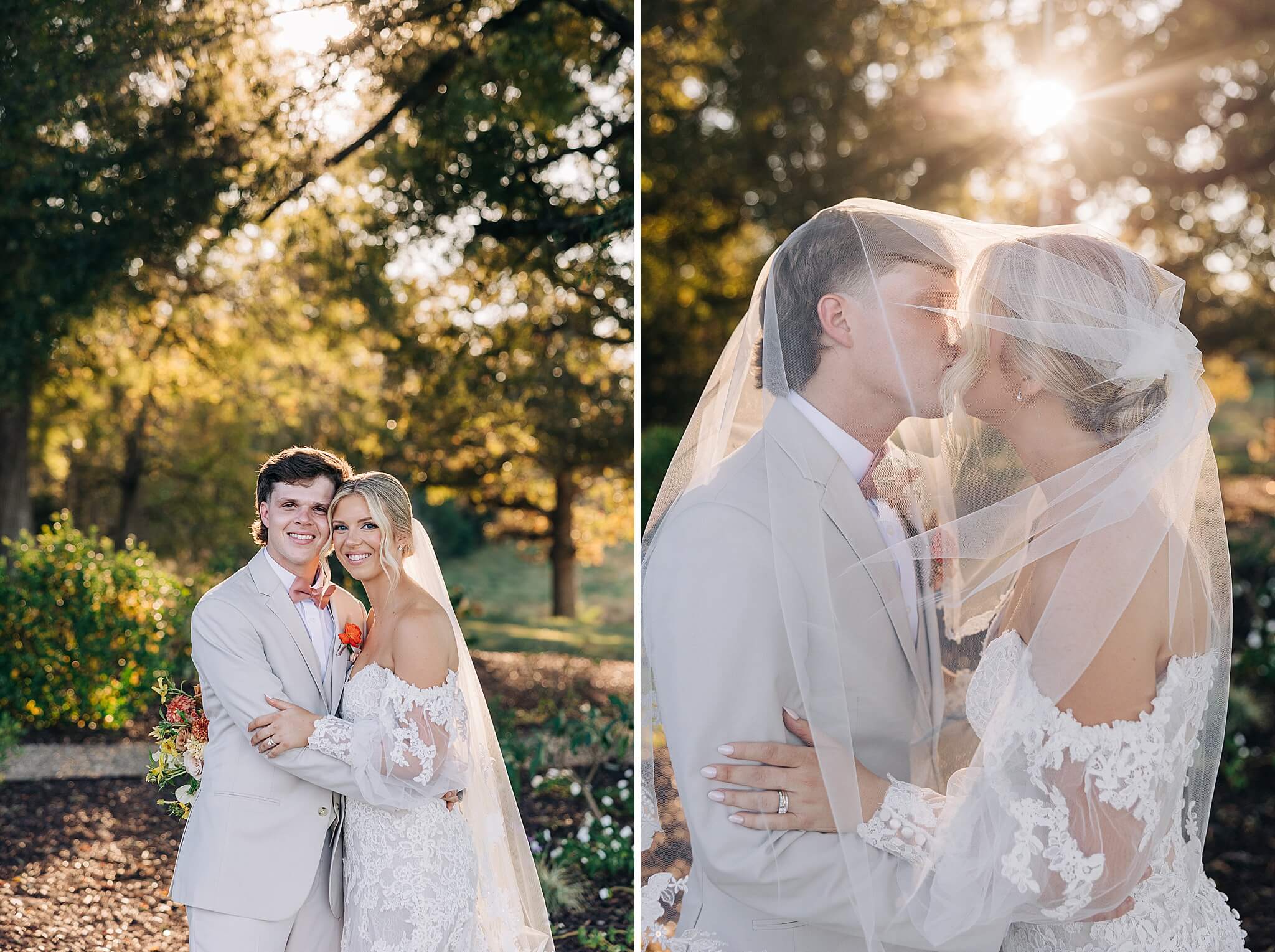 Newlyweds kiss under the veil at sunset next to them snuggling cheek to cheek during their wedding at Hayfield at Murchison Farms