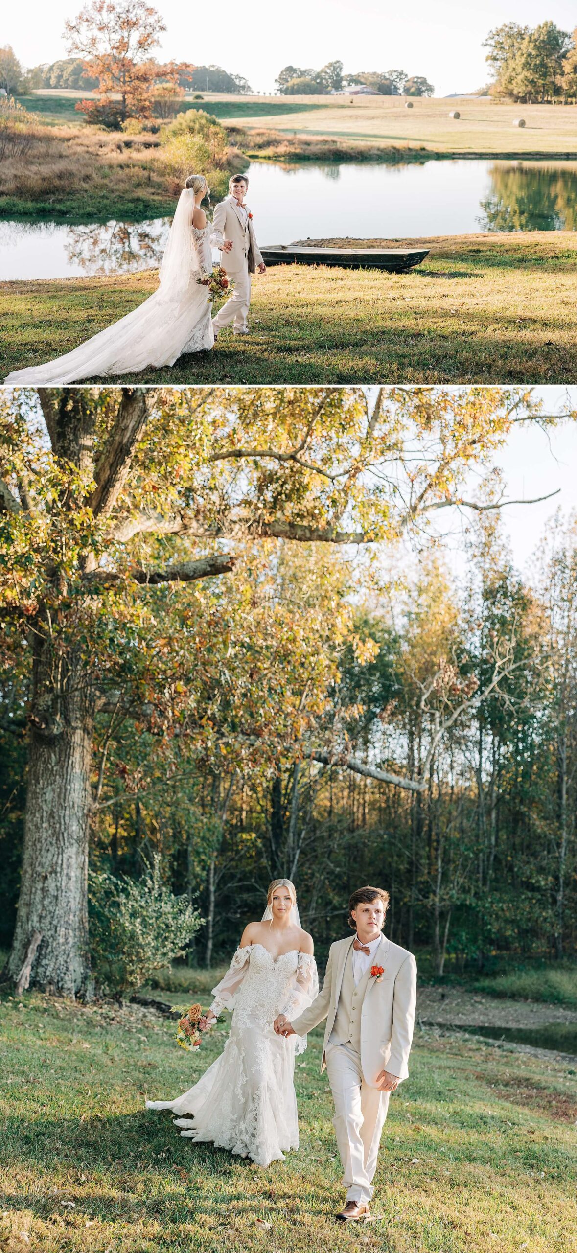 A groom in a tan suit walks his bride by a pond holding hands during their Hayfield at Murchison Farms wedding at sunset