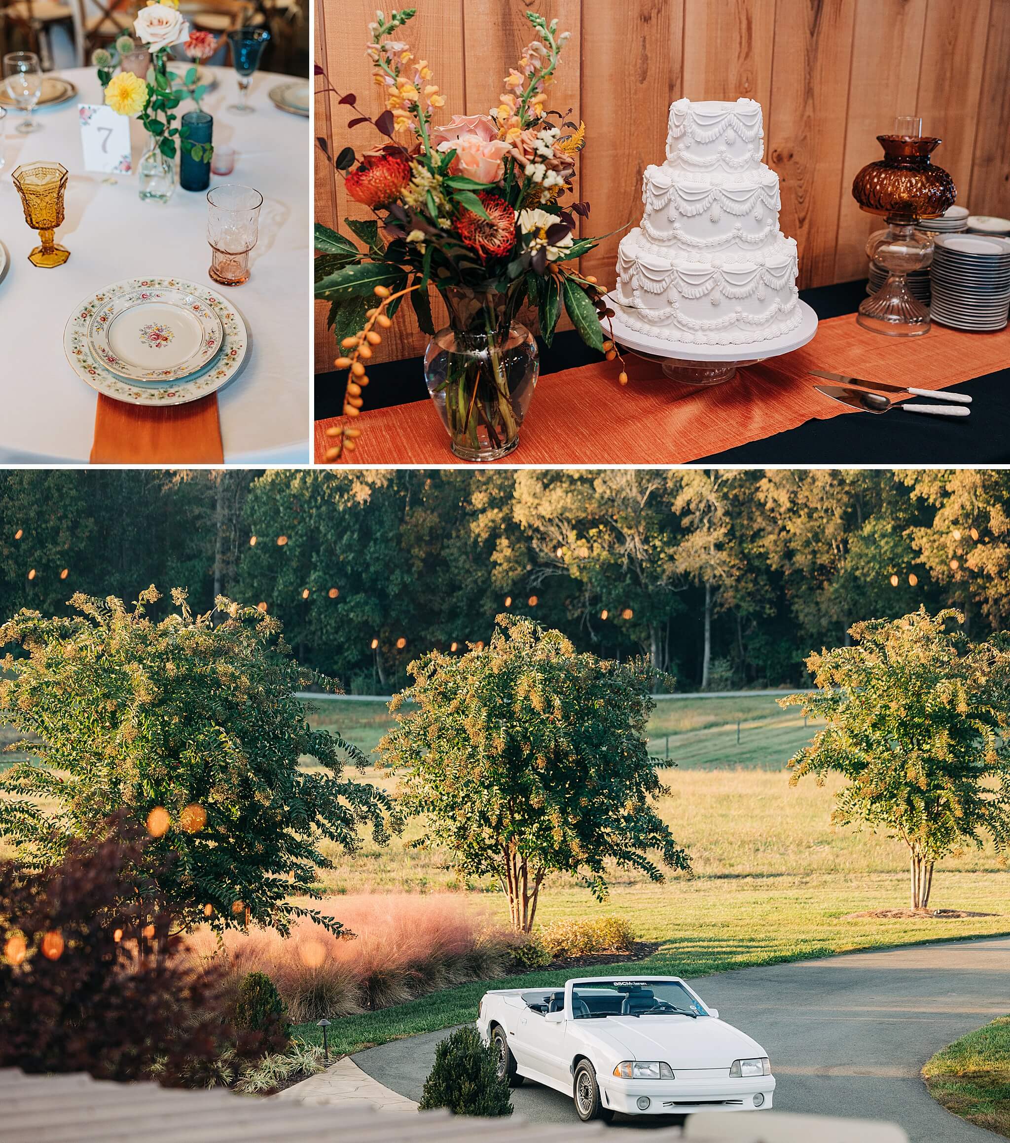Details of a wedding reception setting, cake, and vintage white mustang on a driveway