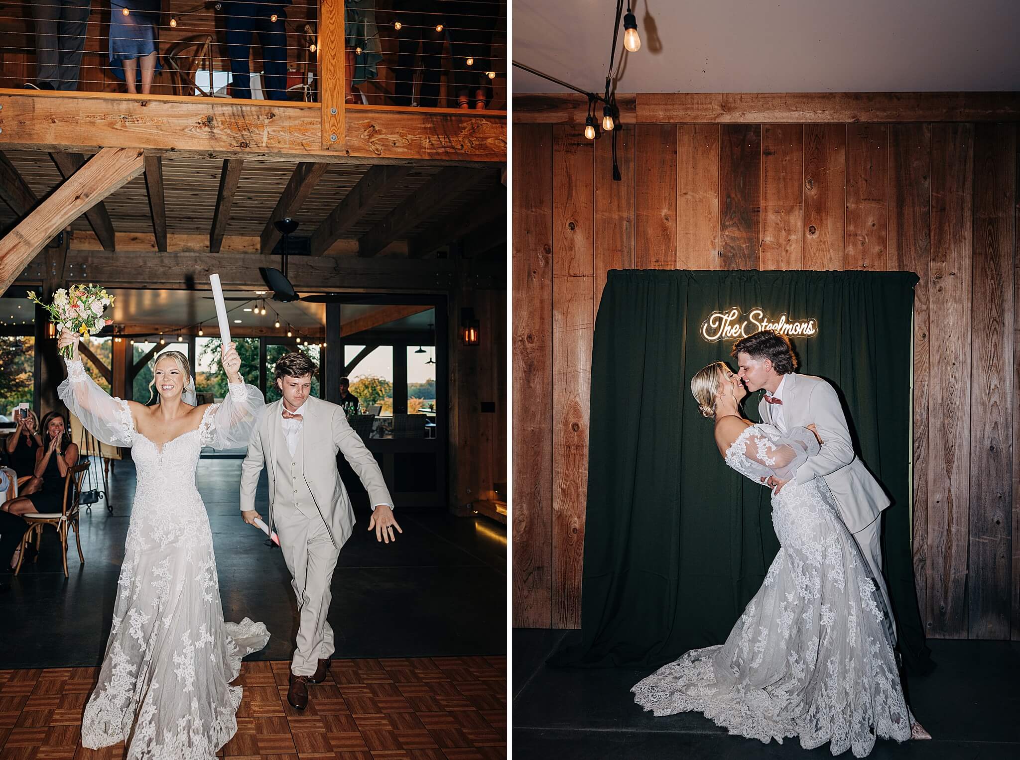 A bride and groom enter their Hayfield at Murchison Farms wedding reception next to them kissing in front of custom neon sign