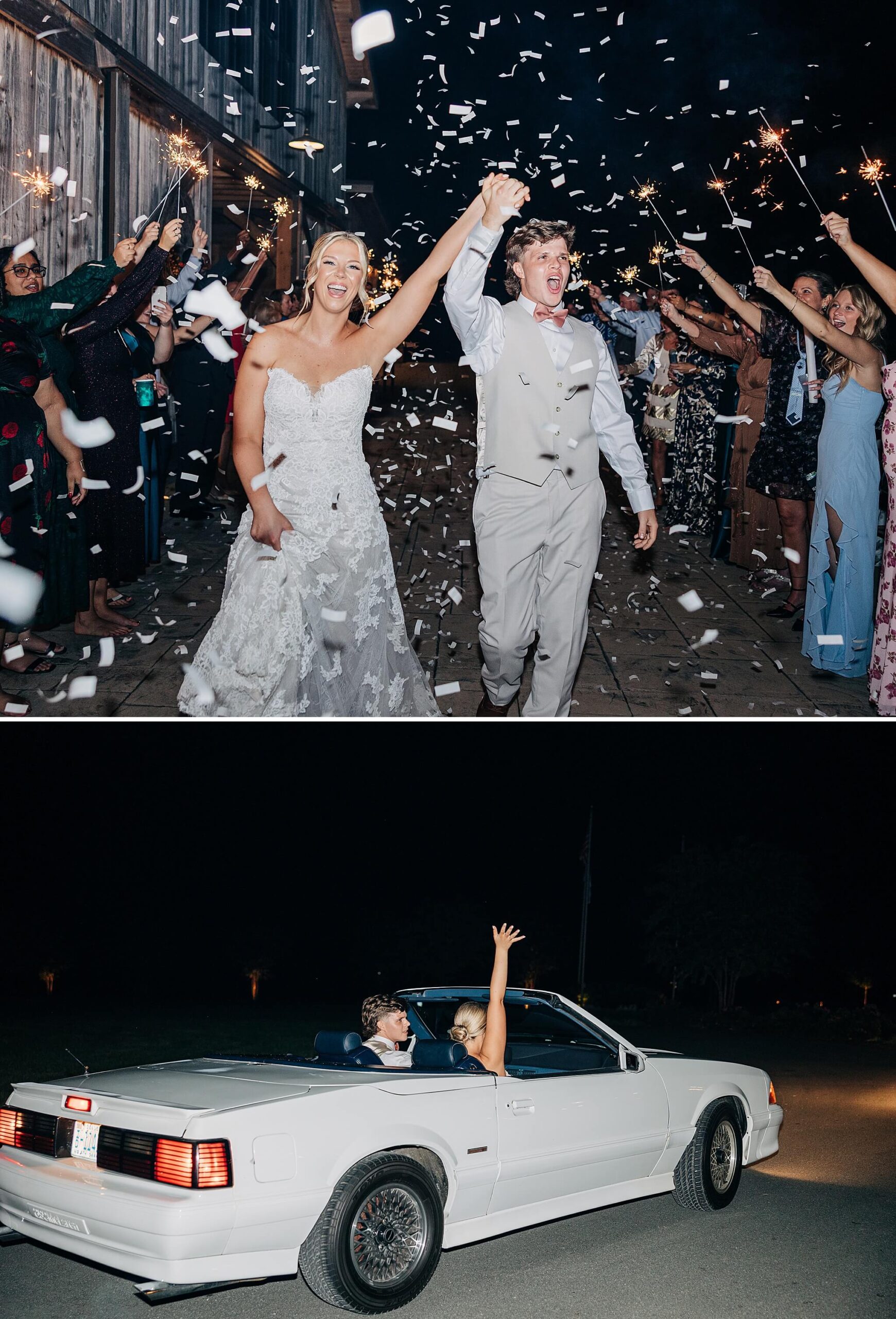 Newlyweds celebrate under a confetti shower exiting their wedding reception to a white 80's ford mustang