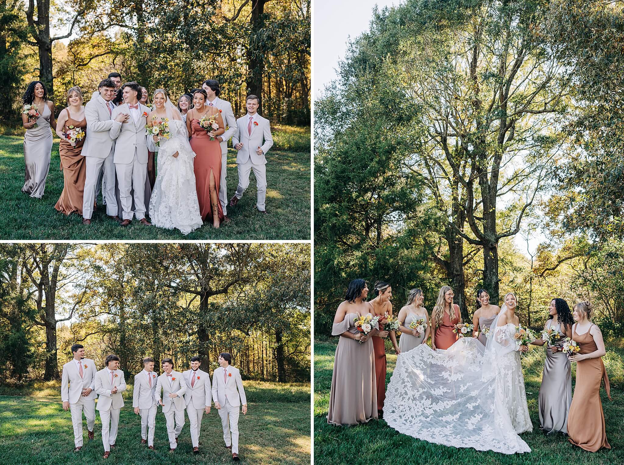 A bride and groom laugh while walking a garden with their wedding party at Hayfield at Murchison Farms