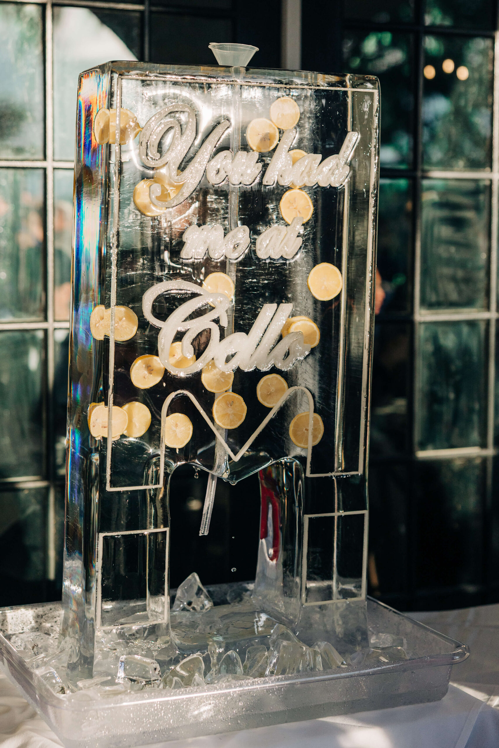 Details of a custom ice luge sculpture for a wedding reception