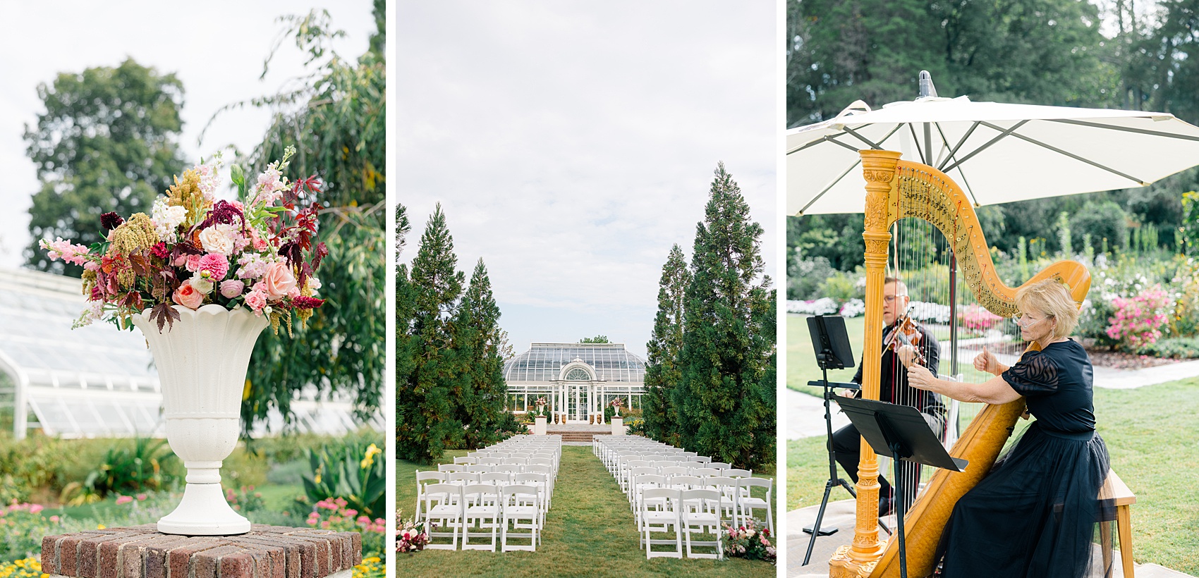 Details of an outdoor ceremony in a garden with a harp player