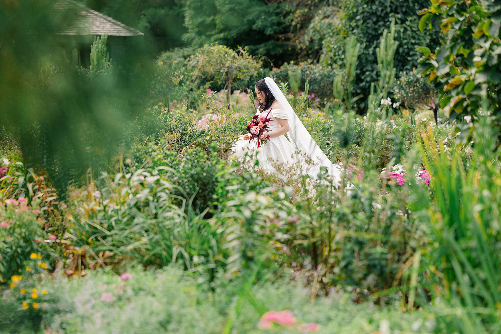 A bride sits in a flower garden holding her red bouquet at the barn at reynolda village wedding venue
