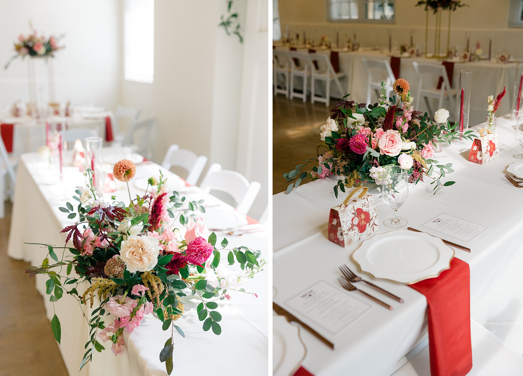 Details of a flower centerpiece on long tables with white linen and red napkins