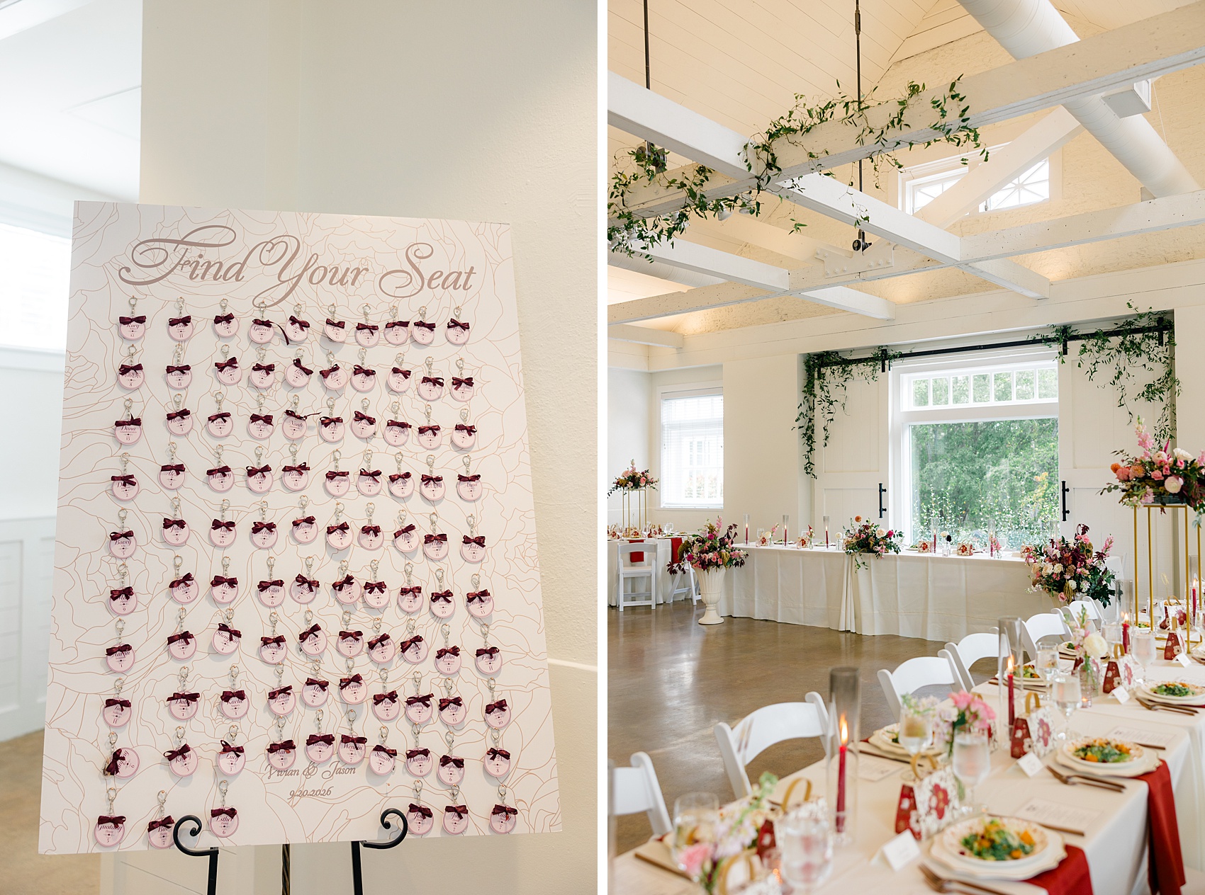 Details of a custom seating assignment board for a wedding next to details of long reception table with red candles and napkins