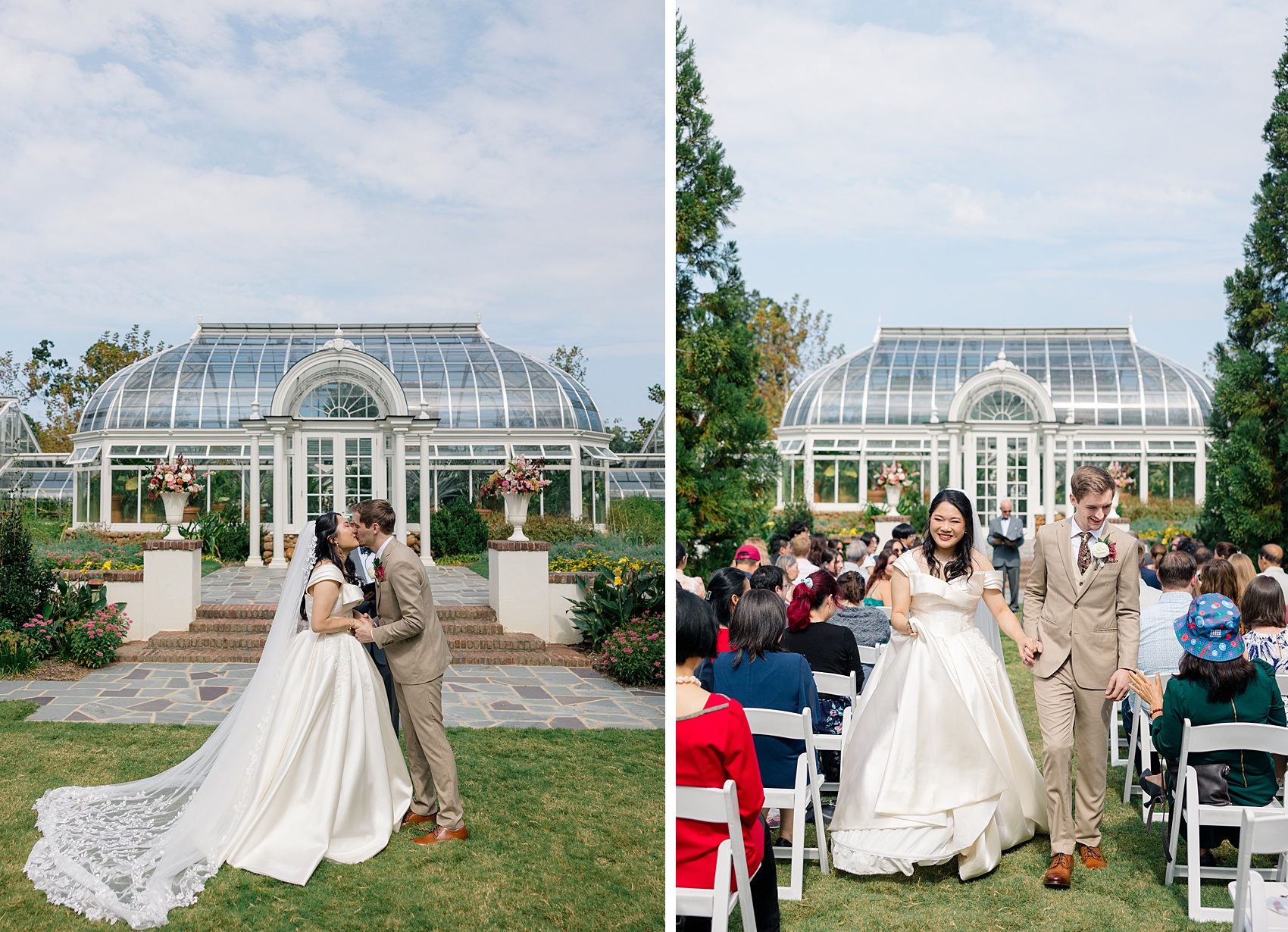 Newlyweds kiss and walk up the aisle holding hands at their the barn at reynolda village wedding ceremony