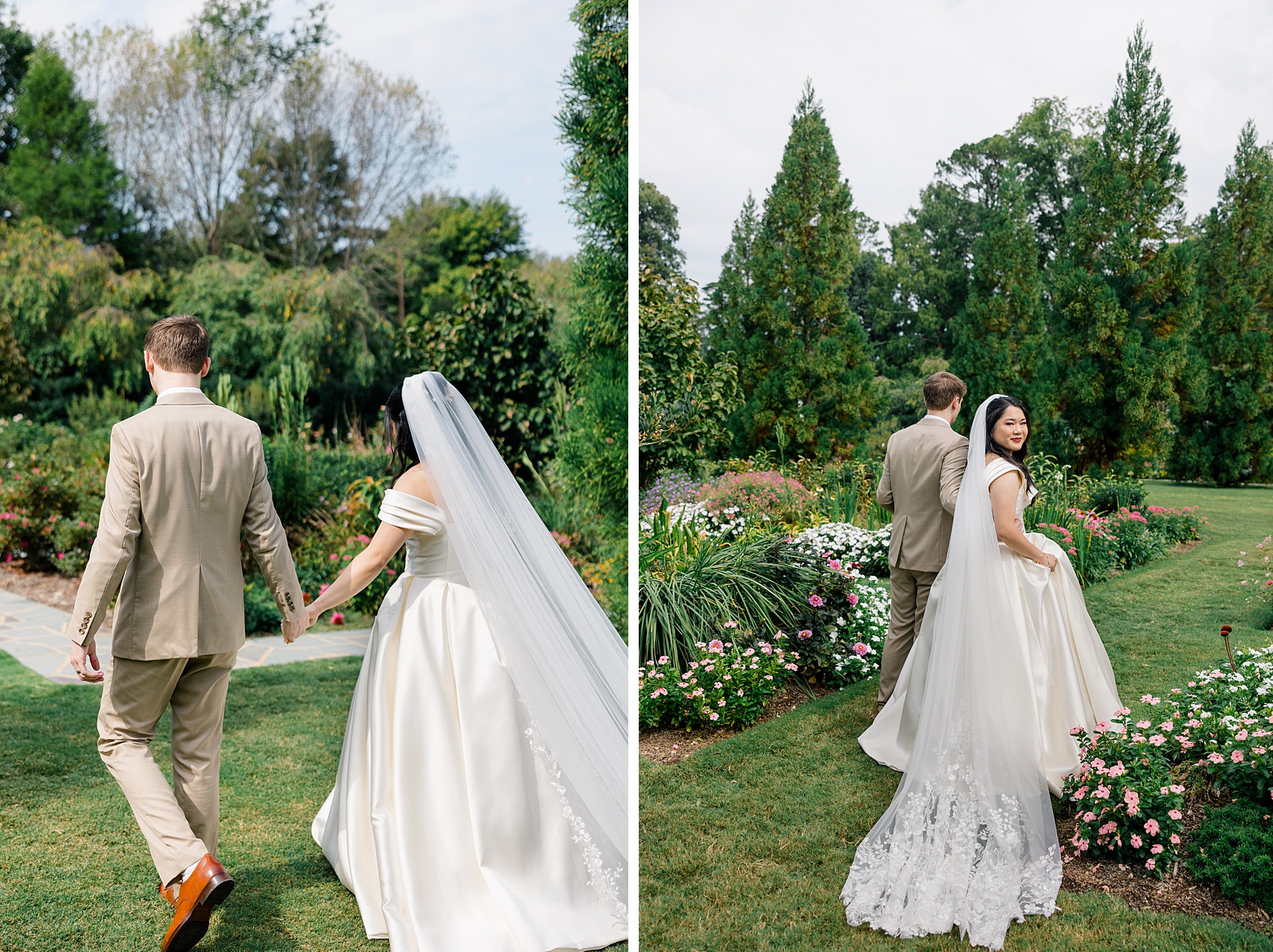 A groom in tan suit walks his bride through the barn at reynolda village wedding venue gardens