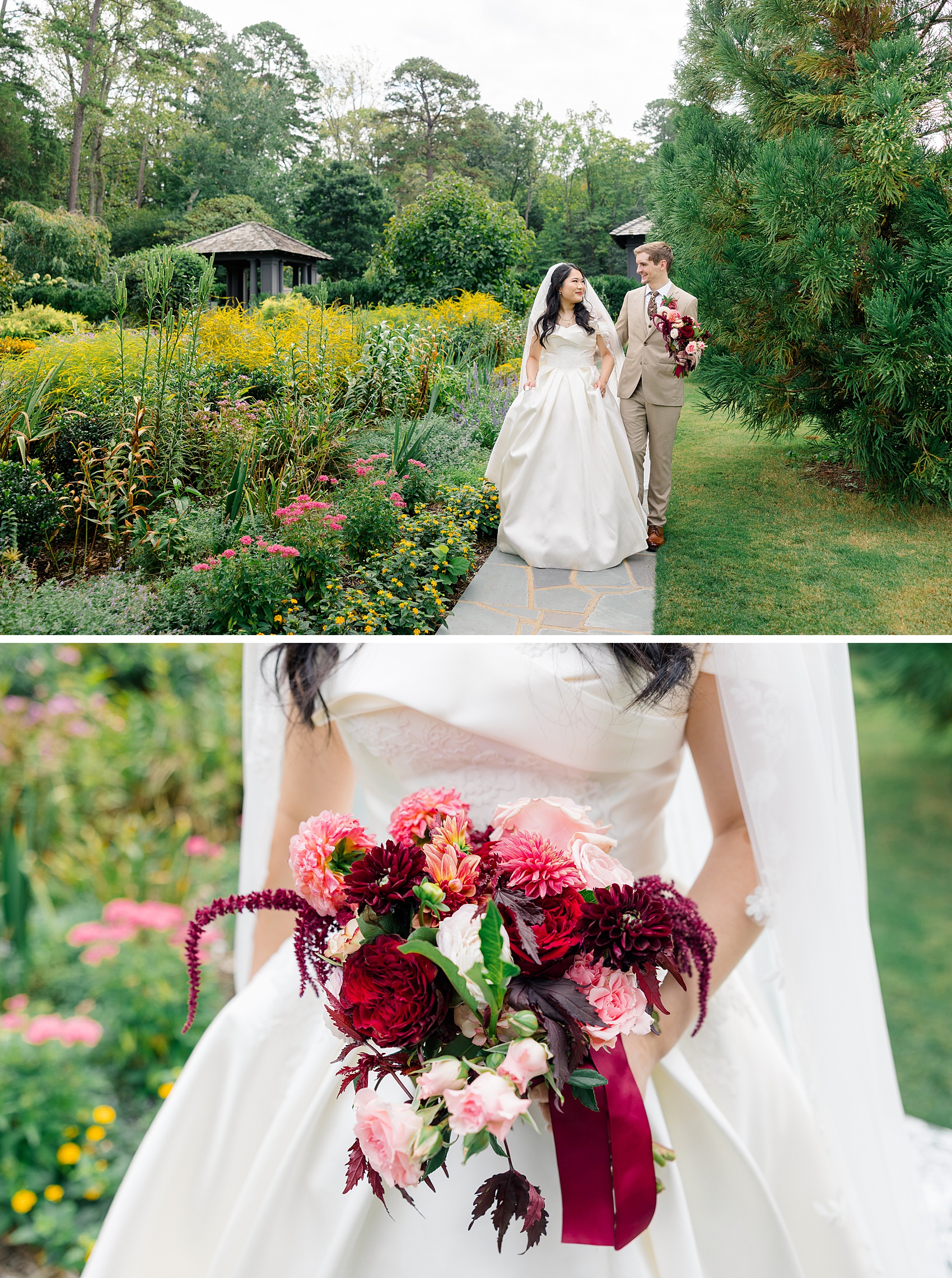 A bride and groom walk a paved garden path before their reception at the barn at reynolda village wedding