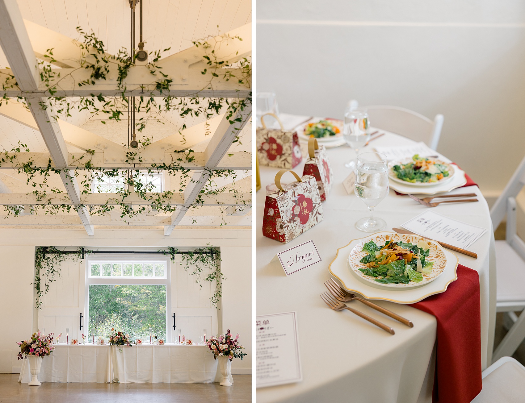 Details of a reception table under live vines at the barn at reynolda village wedding venue next to salad on a table