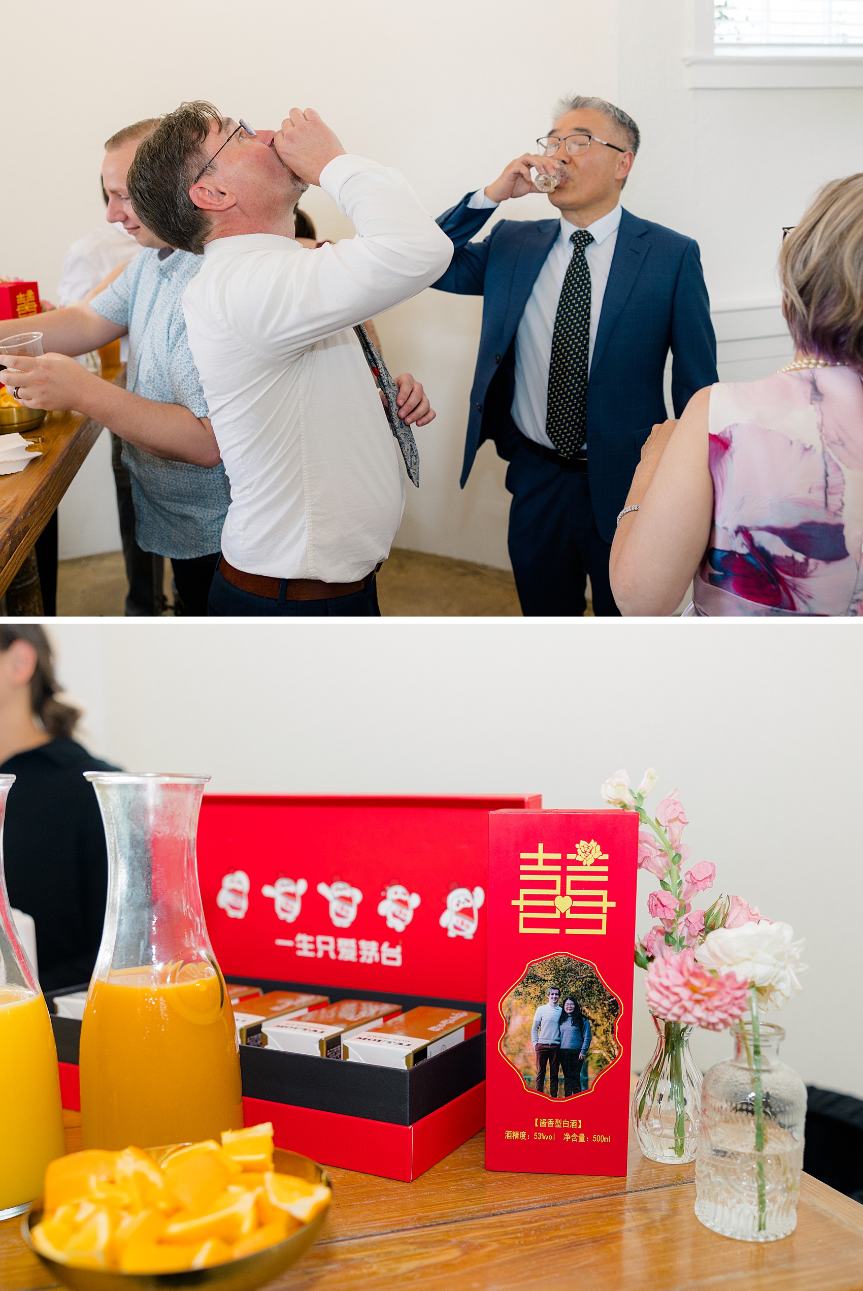 Men take shots at a reception above a custom menu
