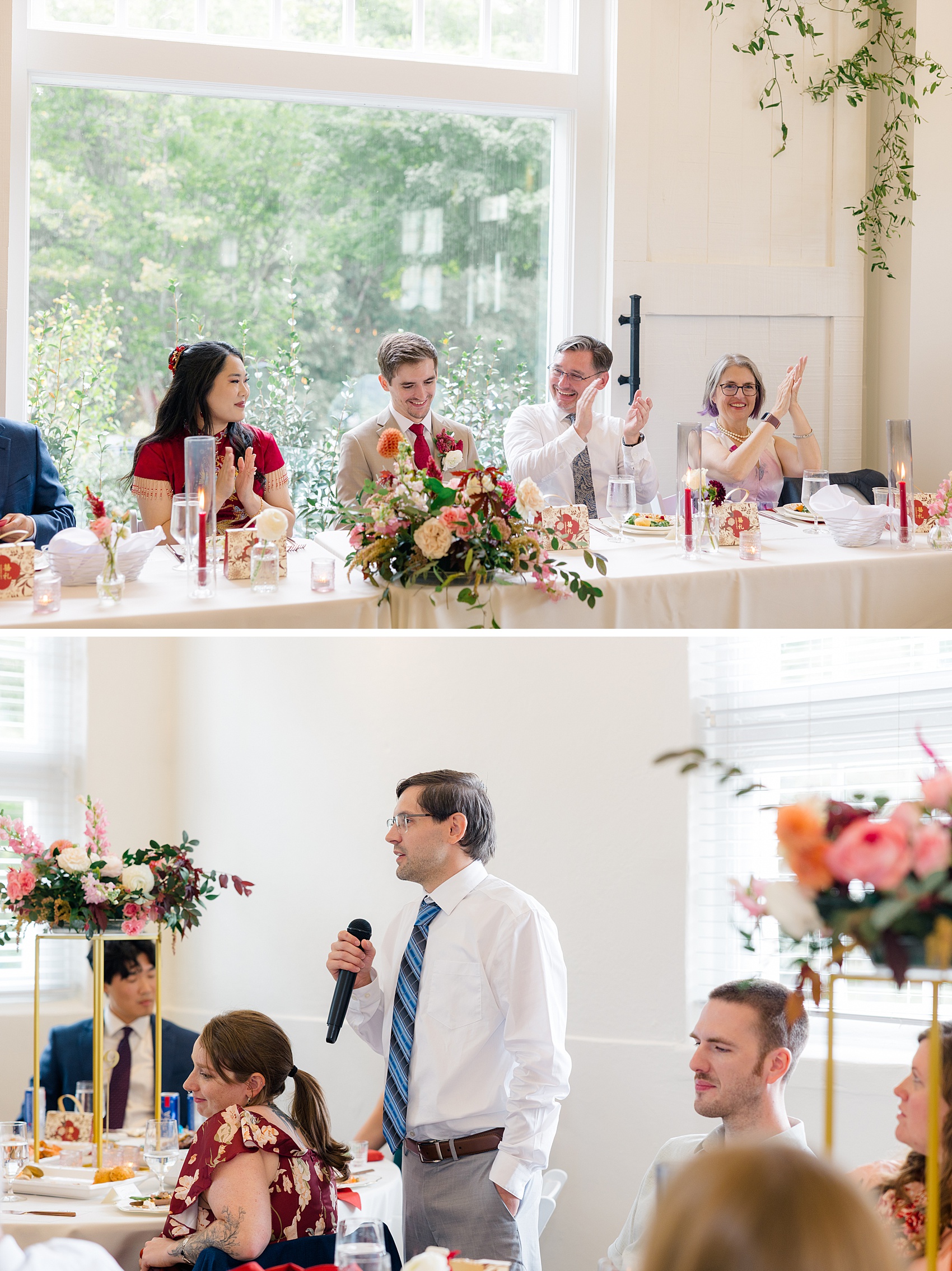 Family applaud at a wedding reception during toasts from man in blue tie
