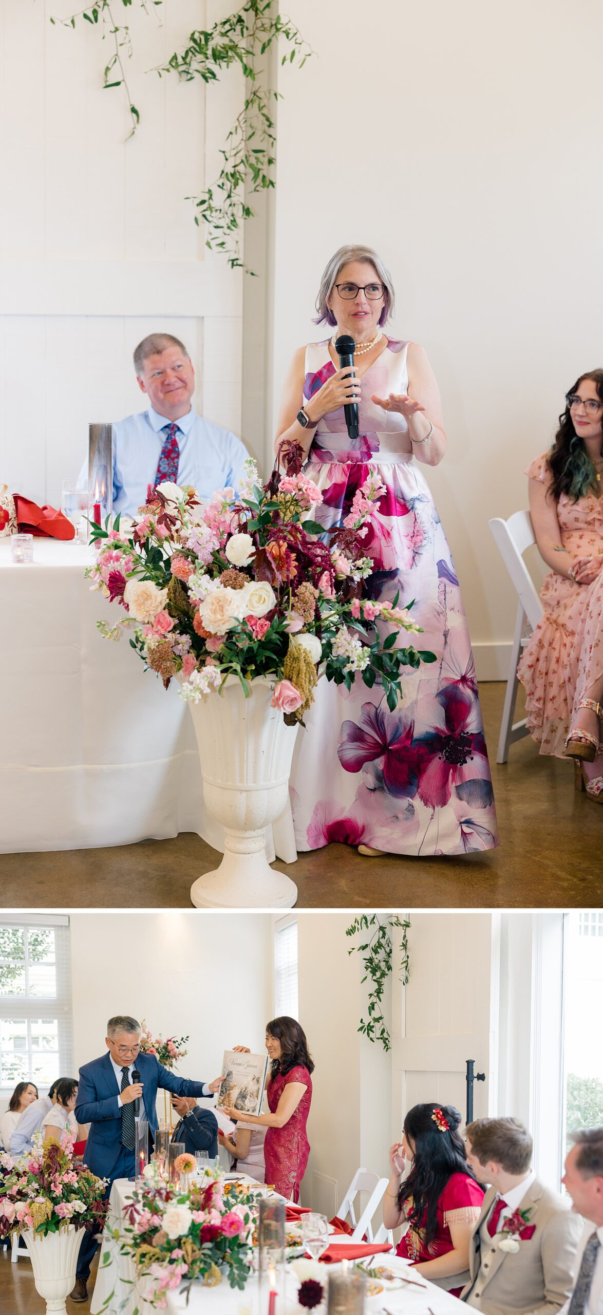 A woman in purple gives a toast at a wedding reception