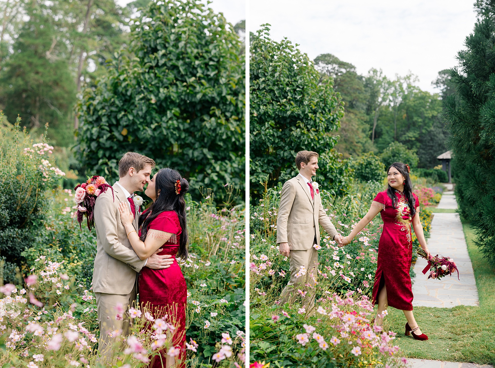 A bride and groom kiss and walk through pink flowers before heading to the barn at reynolda village wedding venue