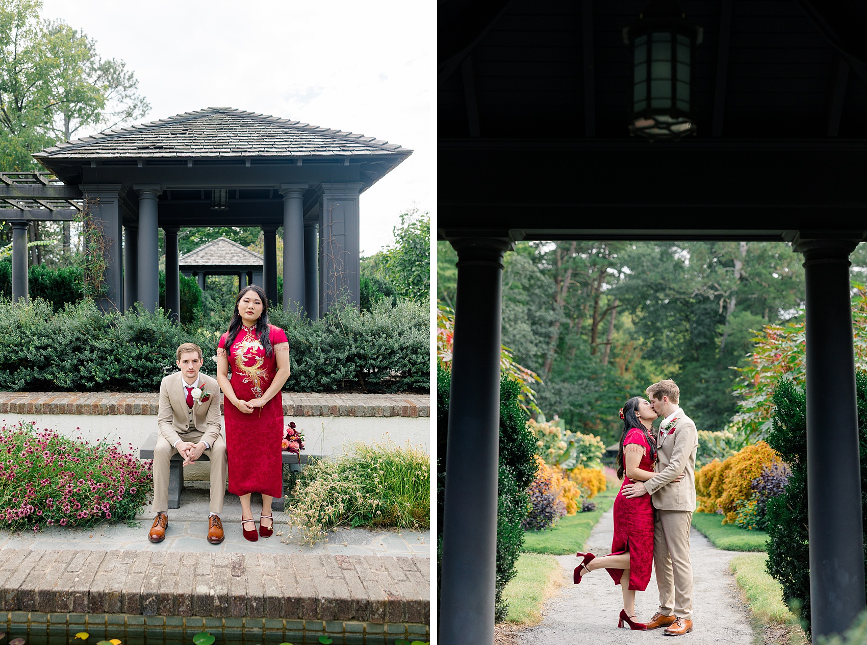 A bride stands with her groom in a traditional red dress and him in tan in a garden next to them kissing in a path